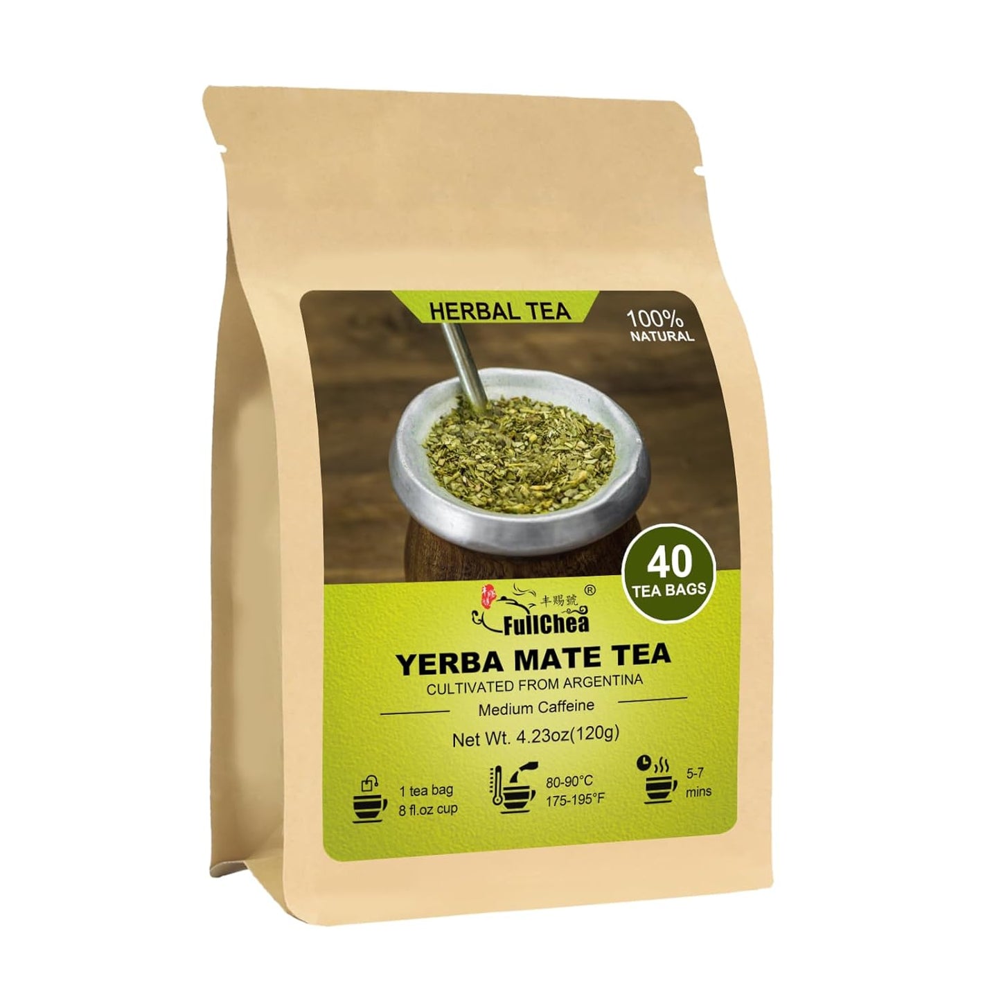 FullChea - Yerba Mate Tea Bag, 40 Teabags, 3g/bag - Unsmoked, Cultivated From Argentina - Rich In Antioxidants And Plant Nutrients