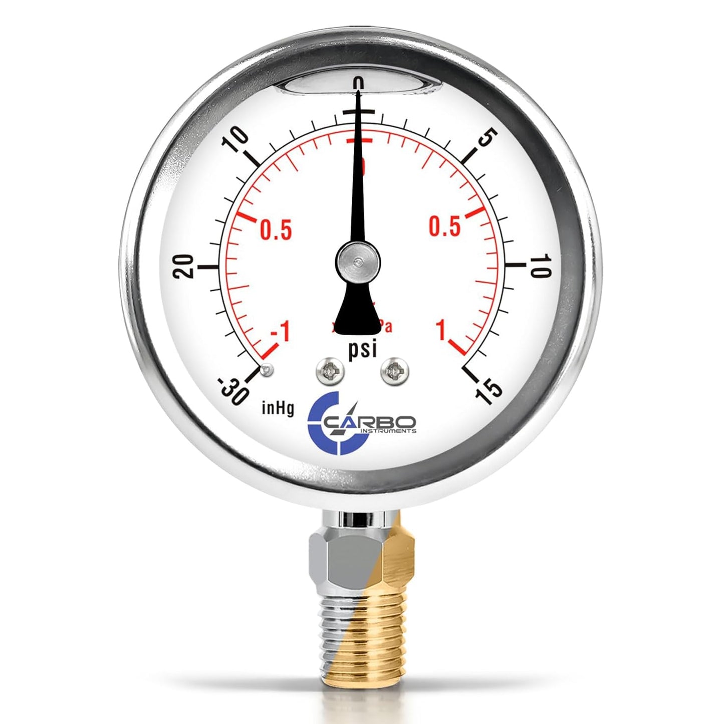 Stainless Steel Pressure Gauge Dual Display (-30/0 / +15 inHg/psi) - 2 1-2" Glycerine Liquid Filled Water Air Oil Gas Gauge with Polycarbonate Lens & Brass Connection - 1/4" NPT
