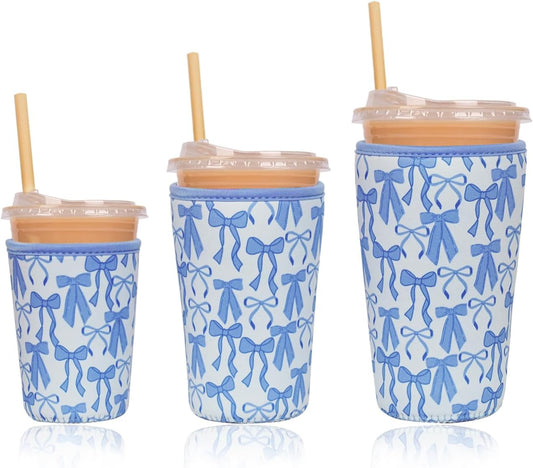 Reusable Insulated Neoprene Iced Coffee Cup Sleeve, Durable Drink Sleeve for Cold Beverages, Beverage Holder for Iced Coffee, Blue Bows