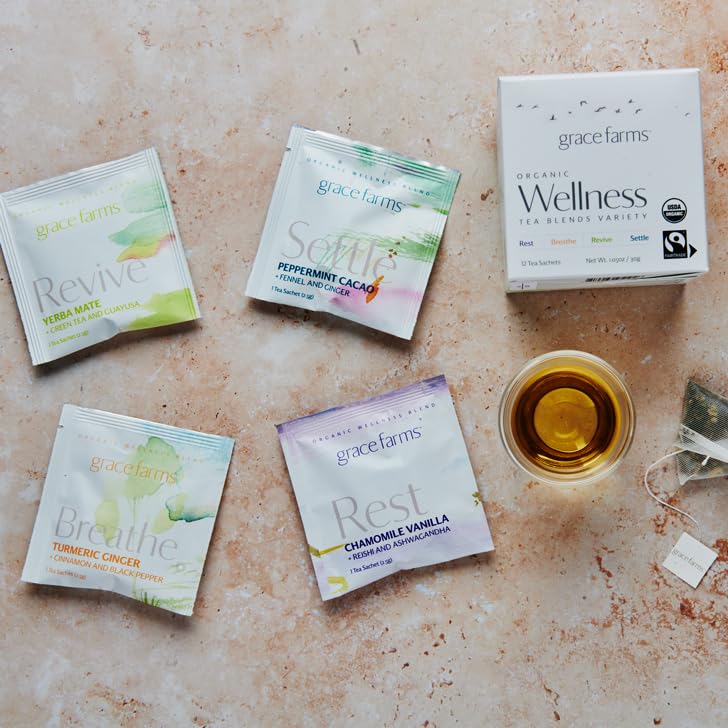 Grace Farms Wellness Organic Tea Blend Variety Box (12 Enveloped Sachets) | BREATHE, REST, REVIVE, and SETTLE | 3 Sachets of Each Tea With Adaptogens | Fairtrade & Kosher | Gives Back 100% of Profits