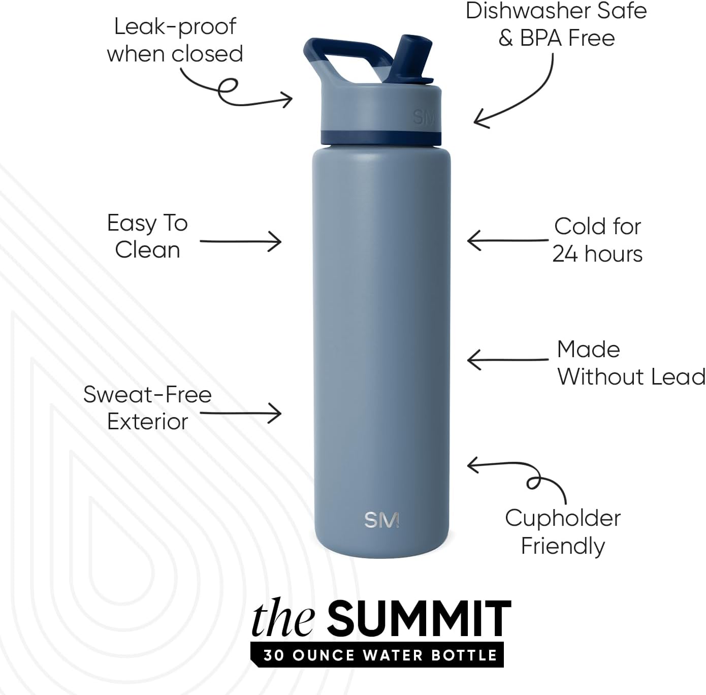 Simple Modern Water Bottle with Straw Lid | Vacuum Insulated Stainless Steel Metal Thermos | Reusable Leak Proof BPA-Free Flask for Sports Gym | Summit Collection | 30oz, Blue Dune