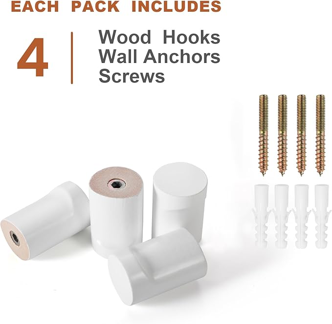 bsdonte Wood Wall Hooks, 4 Pack White Decorative Coat Hooks Wall Mounted - Image 7