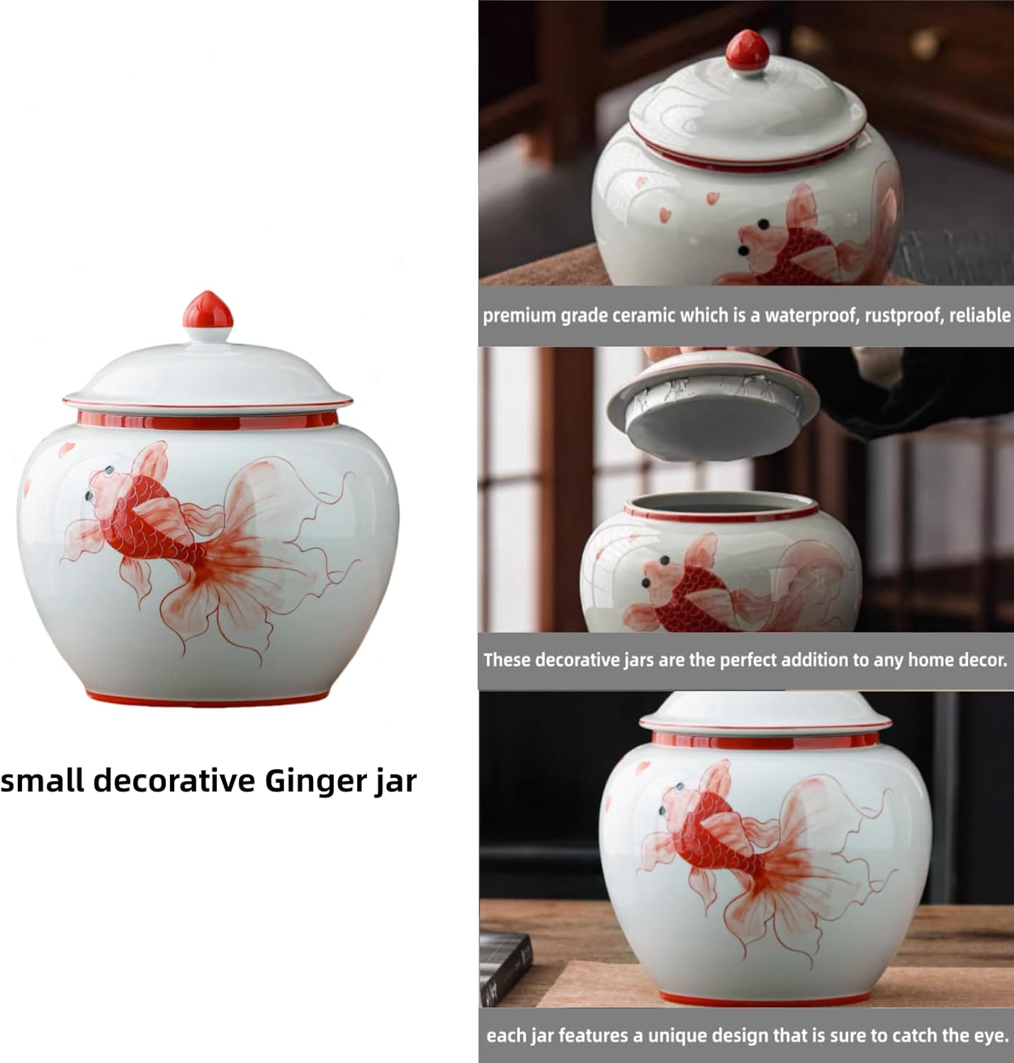 5 inches Ginger jar Lid - red fish decorative Ceramic Ginger jar vase with Lid， chinoiserie gift koi decor small jars for Home decor/jewelry/Tea/coffee beans/Storage