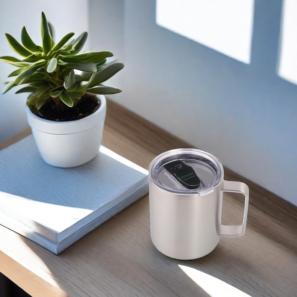 Volhoply 14oz Insulated Stainless Steel Coffee Mug with Leakproof Lid,Double Wall Vacuum Travel Coffee Cup with Handle,Reusable Metal Cups Tumbler,Camping Mugs Keep Hot,Ideal Gifts(Silver,1)