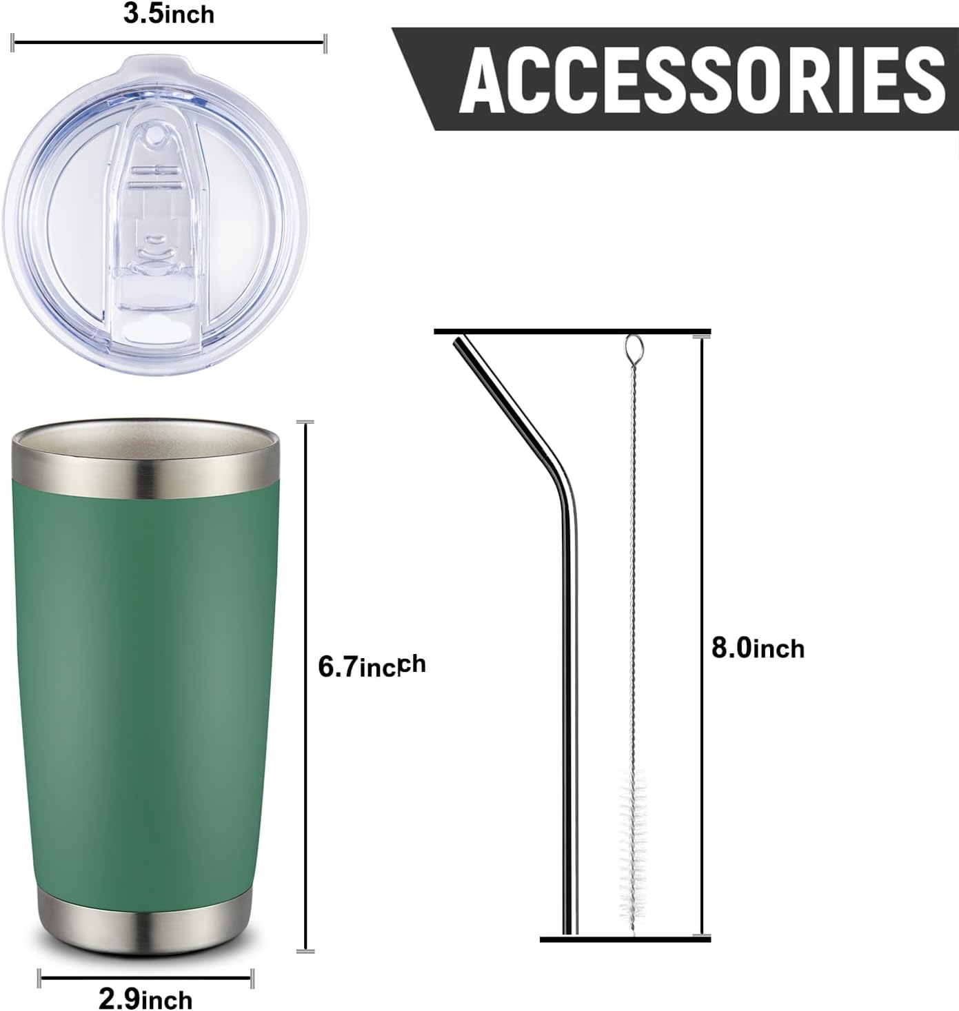 COMOOO 20oz 8 Pack Tumbler Double Wall Vacuum Insulated Coffee Travel Mug Stainless Steel Tumbler Bulk with Lid and Straw Insulated Coffee Cup for Cold & Hot Drinks (dark green, 8 Pack)