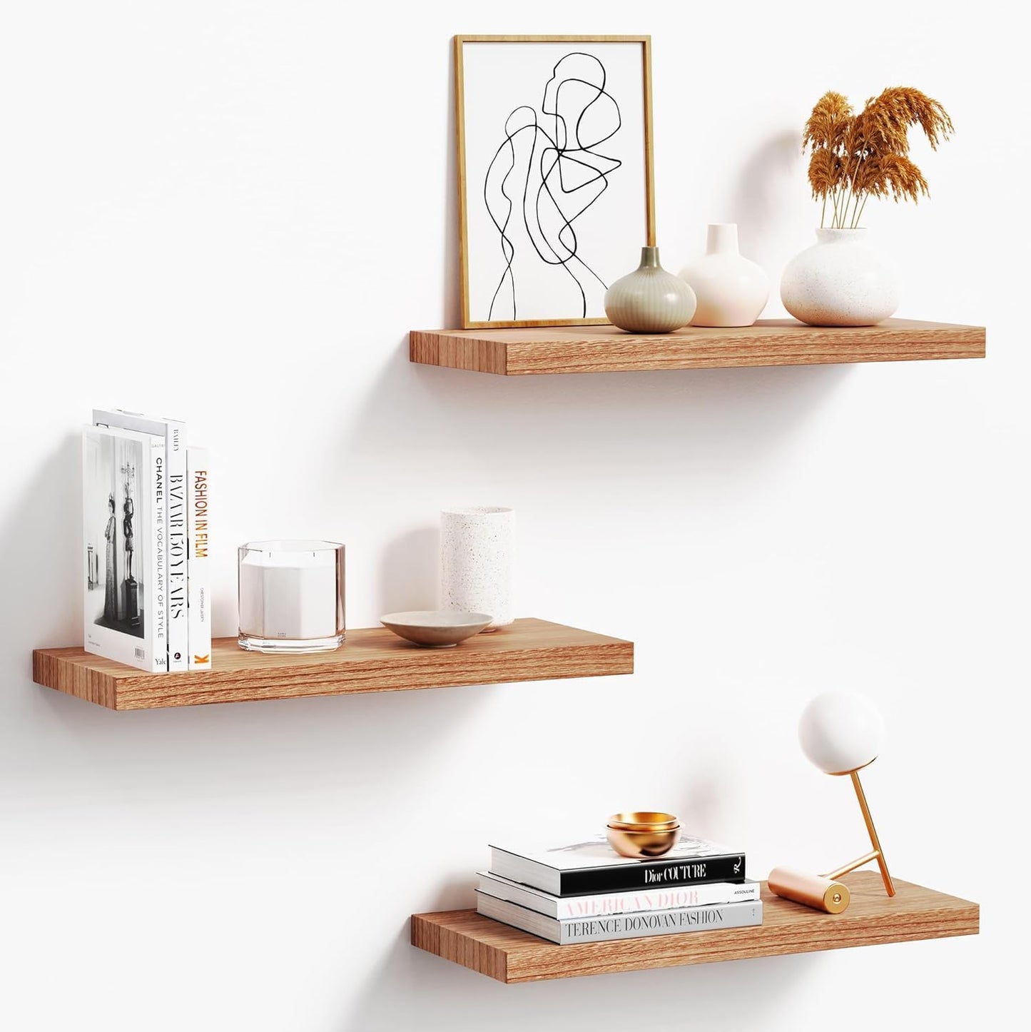 Floating Shelves for Wall, Nature Wood Wall Shelf Set of 3, 16" Wall Mounted Floating Shelf for Kitchen, Living Room, Bedroom, Bathroom Storage, Book Shelf for Wall Home Decor, Frame Display