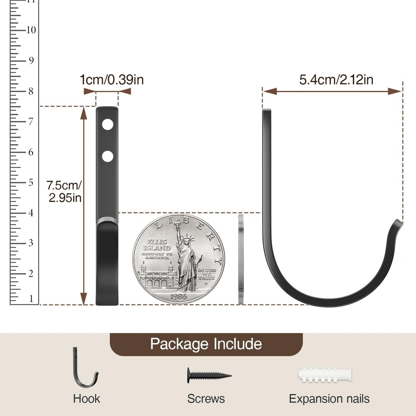 10-Pack Wall Hooks for Hanging Towel/Coat - 22LB Screw in Metal Hanger Wall Mount, for Outdoor, Closet, Door, Bathrooms, for Backpack, Robe, Black