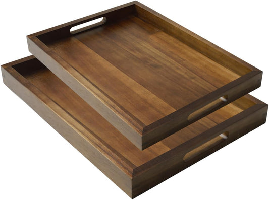 2 Pack Acacia Wood Serving Trays with Handles, 2 Sizes 17x13 & 16x12 inch Portable Ottoman Trays, Rectangular Wooden Tray Set for Food, Home Decor, Coffee Table, Living Room, Kitchen, 17"+16"