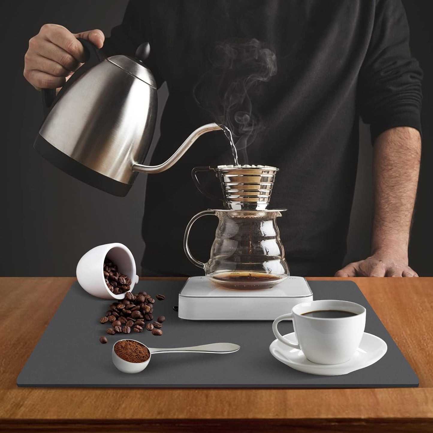 ZLR Coffee Mat - 16" x 20" Large Kitchen Hide Stain Absorbent Dish Drying Mat for Countertop - Easy to Clean Coffee Bar Mat for Espresso Machine and Spill Protection - Dark Gray