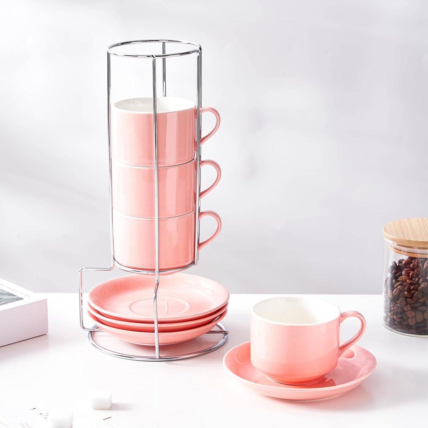 2.5 Ounce Porcelain Espresso Cups with Saucers and Silver Stand, Pink Stackable Cups Set of 4