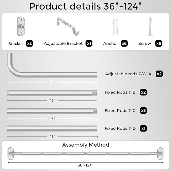 Curtain Rods 36-120 Inch, 1 Inch Adjustable Long Heavy Duty Room Darkening - Image 7