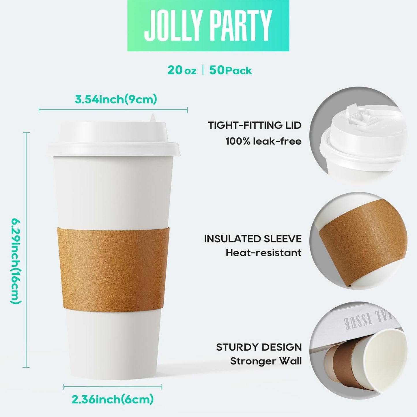 JOLLY PARTY [50 Pack] 20 oz Paper Coffee Cups, Disposable Paper Coffee Cup with Lids, Sleeves, and Stirrers, Hot/Cold Beverage Drinking Cup for Water, Juice or Tea, Suitable for Home, Shops and Cafes