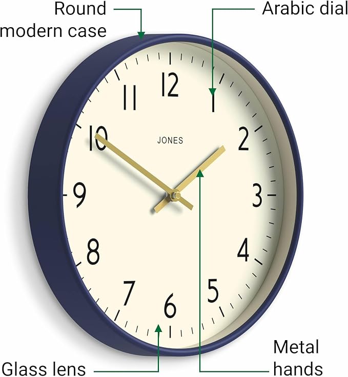 JONES CLOCKS® Studio wall Clock | Modern Round Style | 12 inch | Dark Navy Blue - Image 6