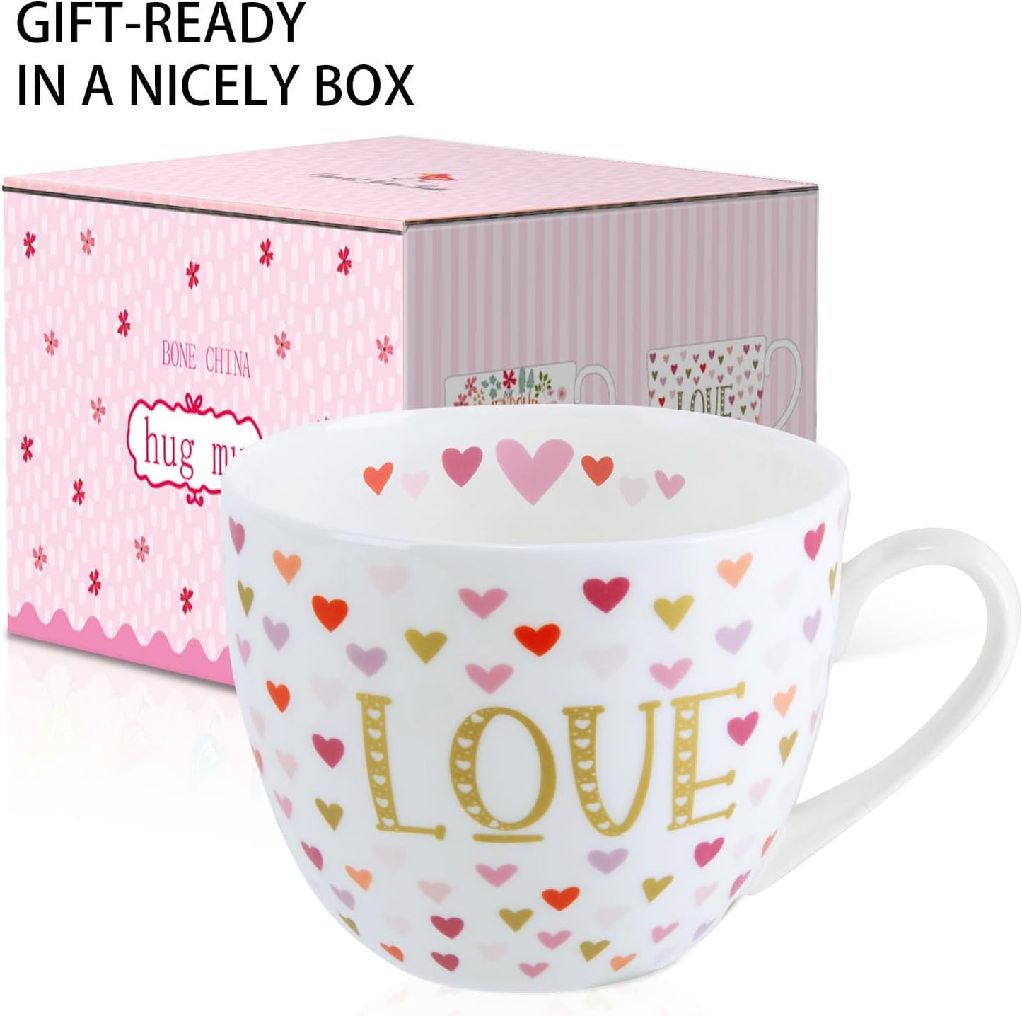 LOVE Mug with Hearts for Daily Coffee and Tea, Premium 20 oz Bone China Coffee Tea Hug Mug, Perfect Holiday, Valentine’s, and Birthday Gift for Loved Ones, Designed in England by Harvest Green Studio