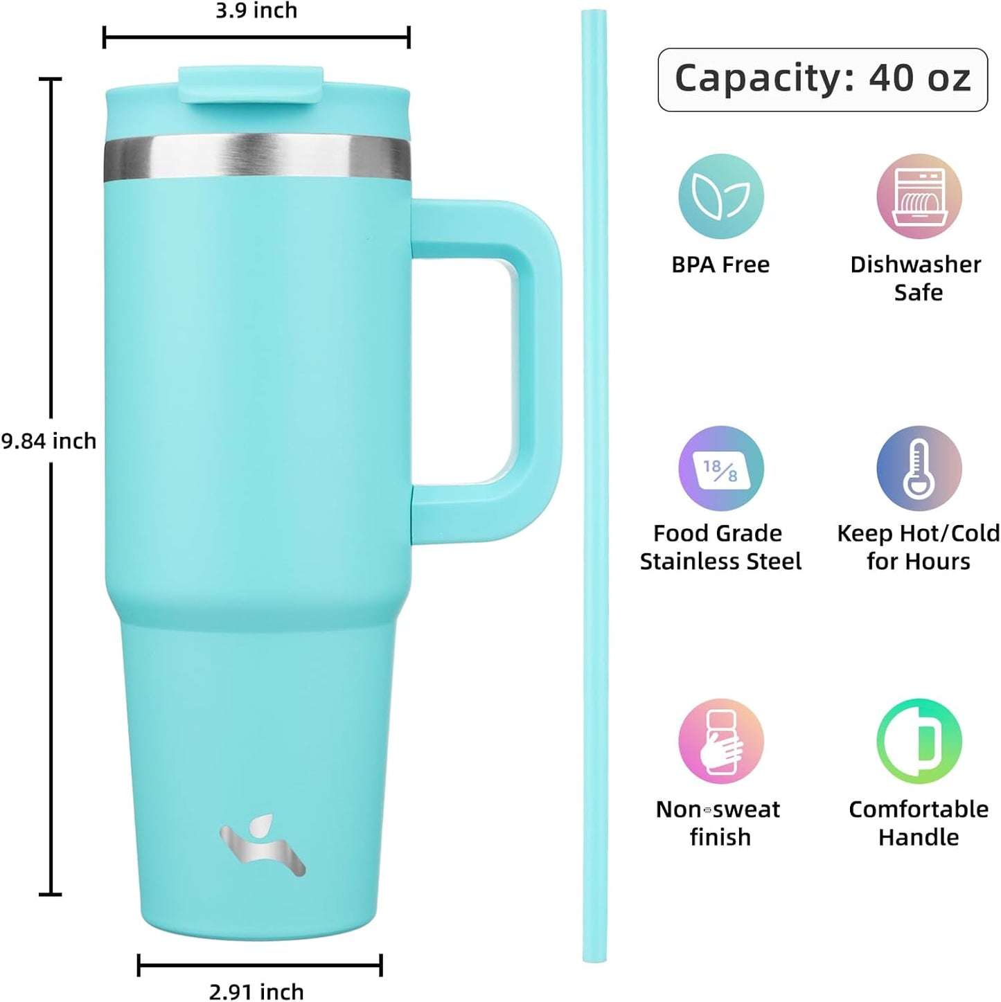 40 oz Tumbler with Handle and 2 Straws,2 in 1 Lid Insulated Water Bottle Stainless Steel Travel Coffee Mug,Turquoise