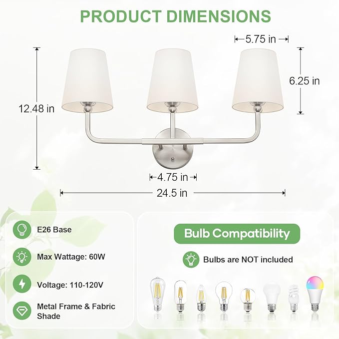 MOKATNG Bathroom Light Fixtures, 3-Light Brushed Nickel Vanity Lights, Bathroom - Image 3