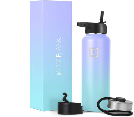 IRON °FLASK Camping & Hiking Hydration Flask with 3 Lids - Stainless Steel, Double Walled & Vacuum Insulated Water Bottle - Leak Proof & BPA Free (Cotton Candy, Straw - 40 oz)