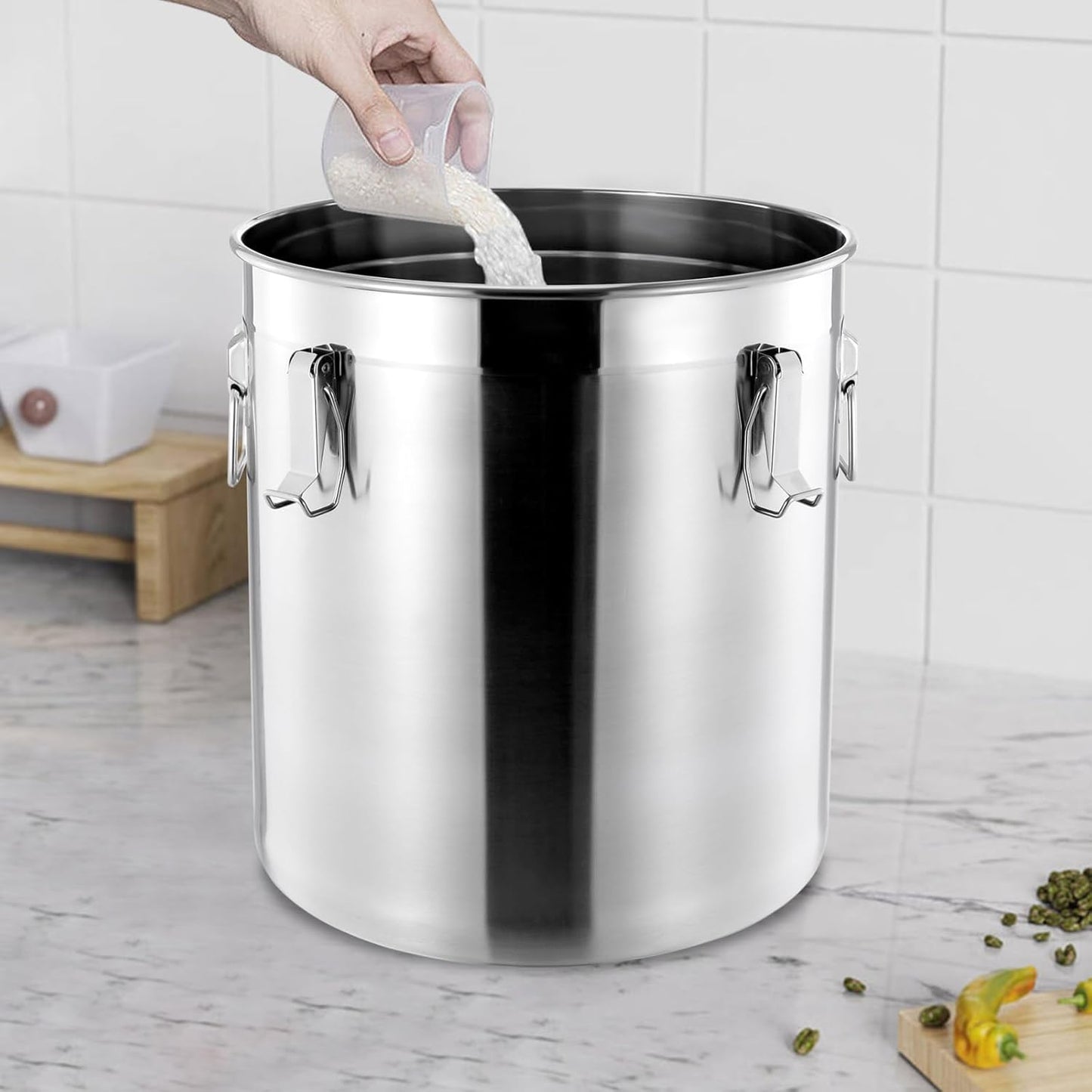 PERFERATE 304 Stainless Steel Airtight Canister 6L/12L Food Storage Bucket with Lids and Sturdy Locking Clamp Metal Cereal Rice Storage Container for Flour, Coffee Bean, Sugar, Cookie (48L)