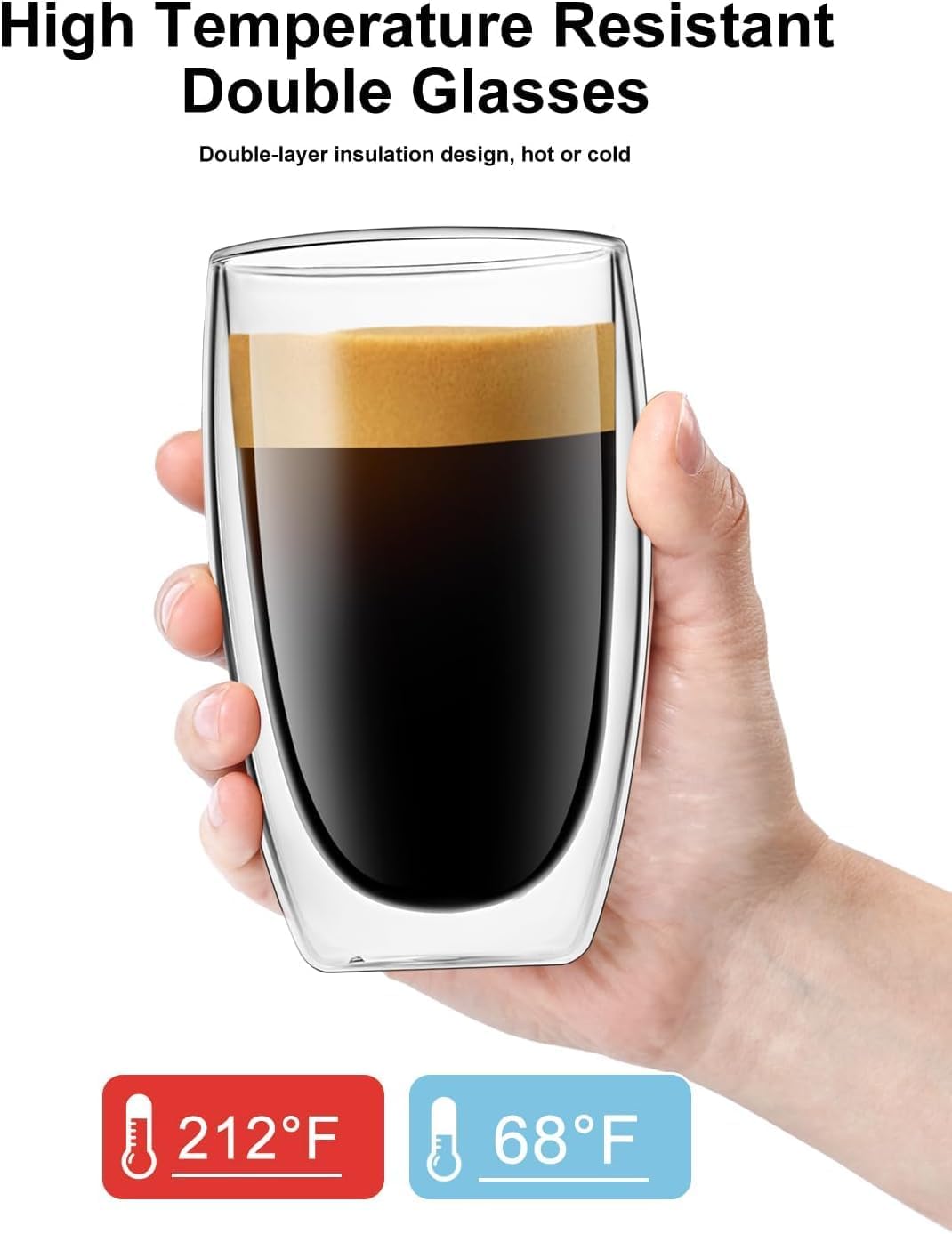 Glass Coffee Mugs Set of 2, Insulated Thermal Cups 15.2oz, Double Wall Clear Glass Coffee Cup for Tea/Juice/Milk, Latte Cappucino Espresso mug Glassware Gift for Christmas Birthday