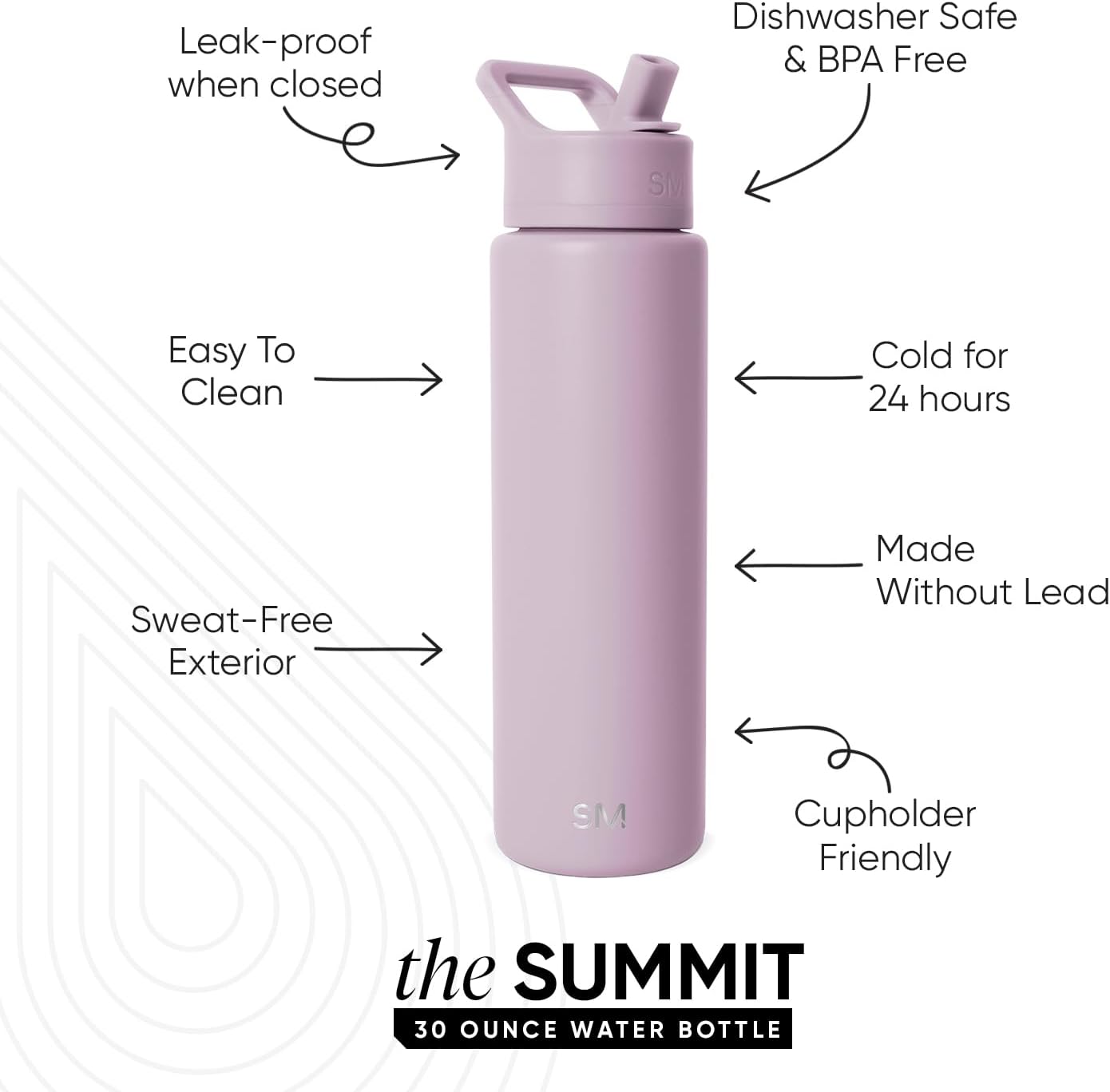 Simple Modern Water Bottle with Straw Lid | Vacuum Insulated Stainless Steel Metal Thermos | Reusable Leak Proof BPA-Free Flask for Sports Gym | Summit Collection | 30oz, Lavender Mist