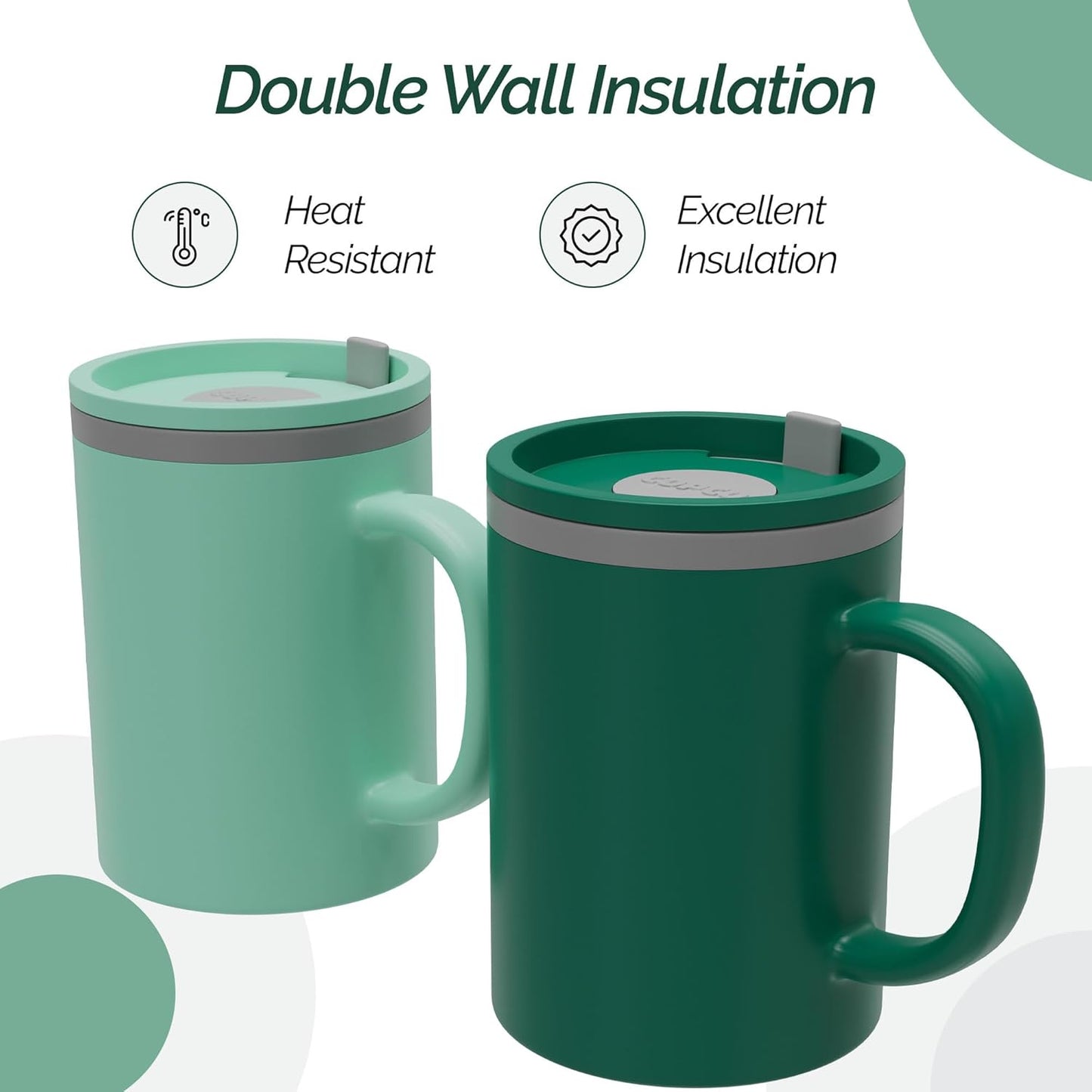Copco Iconic 16oz Double Wall Insulated Desk Mug with Lid & Handle, Set of 2, BPA-Free Reusable Plastic, Spill-Proof, Microwave & Dishwasher Safe, Wide Mouth, Cup Holder Friendly (Green/Hunter Green)