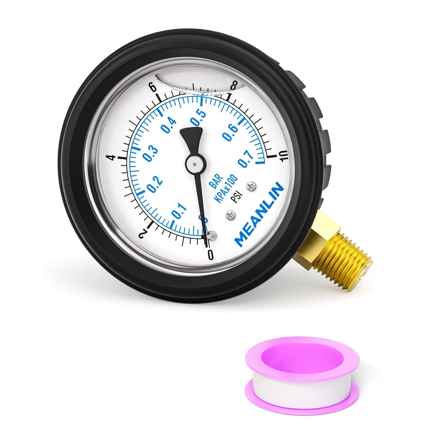 MEANLIN MEASURE 0~10Psi Stainless Steel Liquid Filled Pressure Gauge 1/4" NPT 2.5" FACE DIAL with Rubber Protective Sleeve, Lower Mount