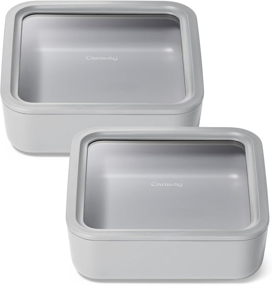 Caraway 2pc Glass Food Storage Set - 10 Cup Food Containers (2) - Ceramic Coated - Non Toxic, Non Stick Lunch Box with Lids. Dishwasher, Oven, & Microwave Safe - Gray