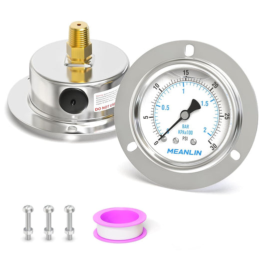 MEANLIN MEASURE 0~30Psi Liquid Filled Pressure Gauge Front Flange Panel Mount, 1/4" NPT 2.5" FACE DIAL Stainless Steel Case with Phillips Screw and Nut, +/-3-2-3%