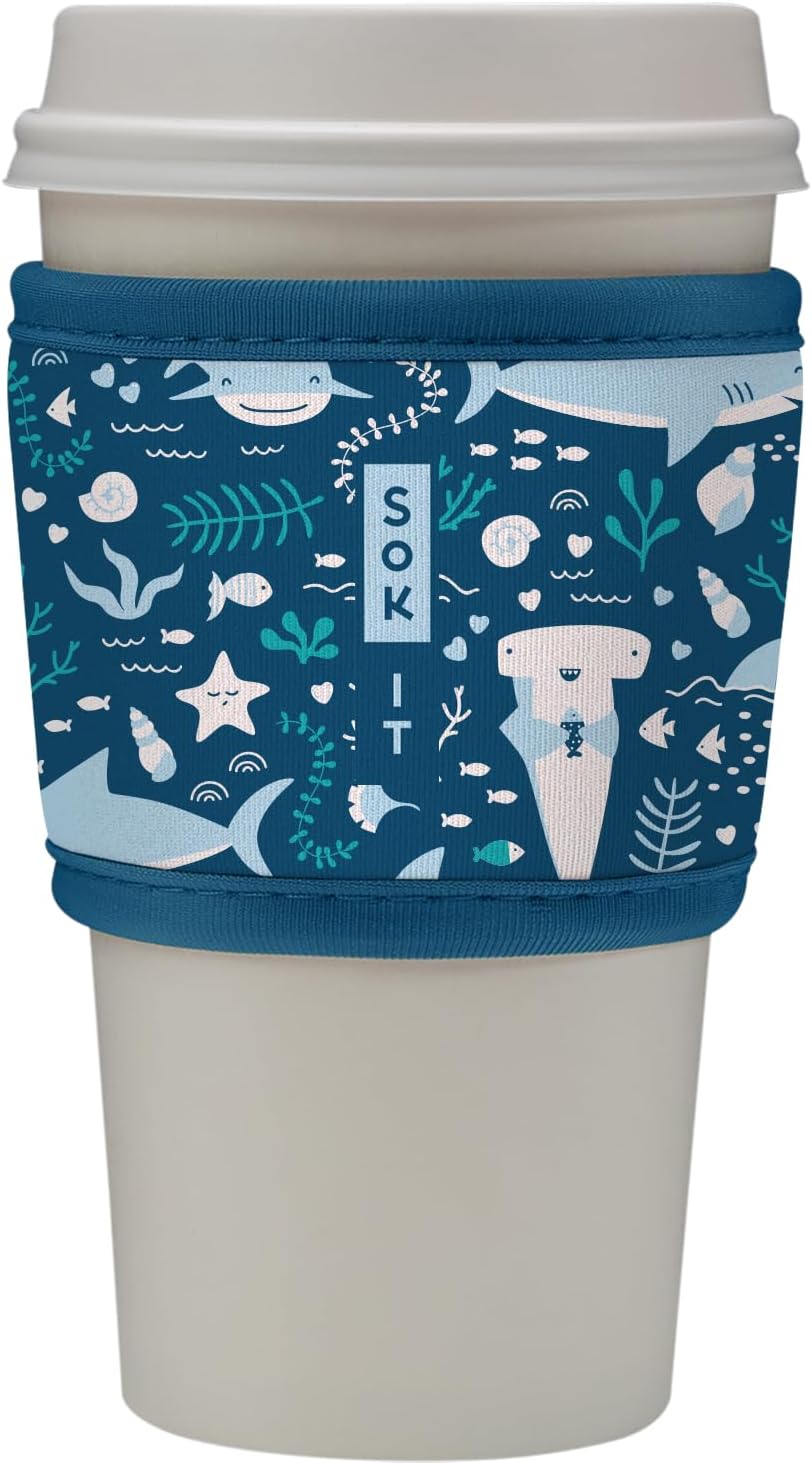 Sok It HotSok Coffee & Tea Reusable Insulated Neoprene Cup Sleeve (Happy Sharks)