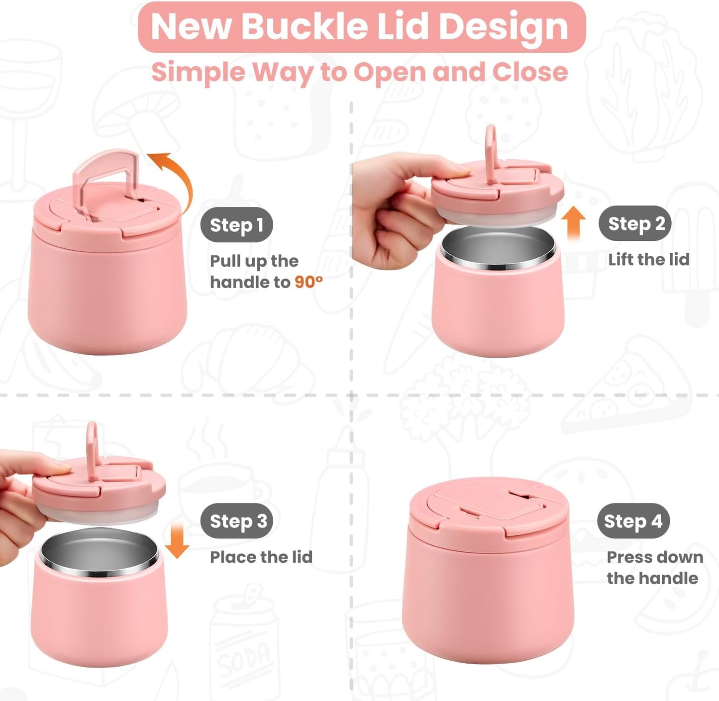 14oz Insulated Vacuum Food Jar with Buckle Lid,Soup Thermo for Hot Food Kids,Wide Mouth Leakproof Stainless Steel Lunch Container with Spoon-Pink