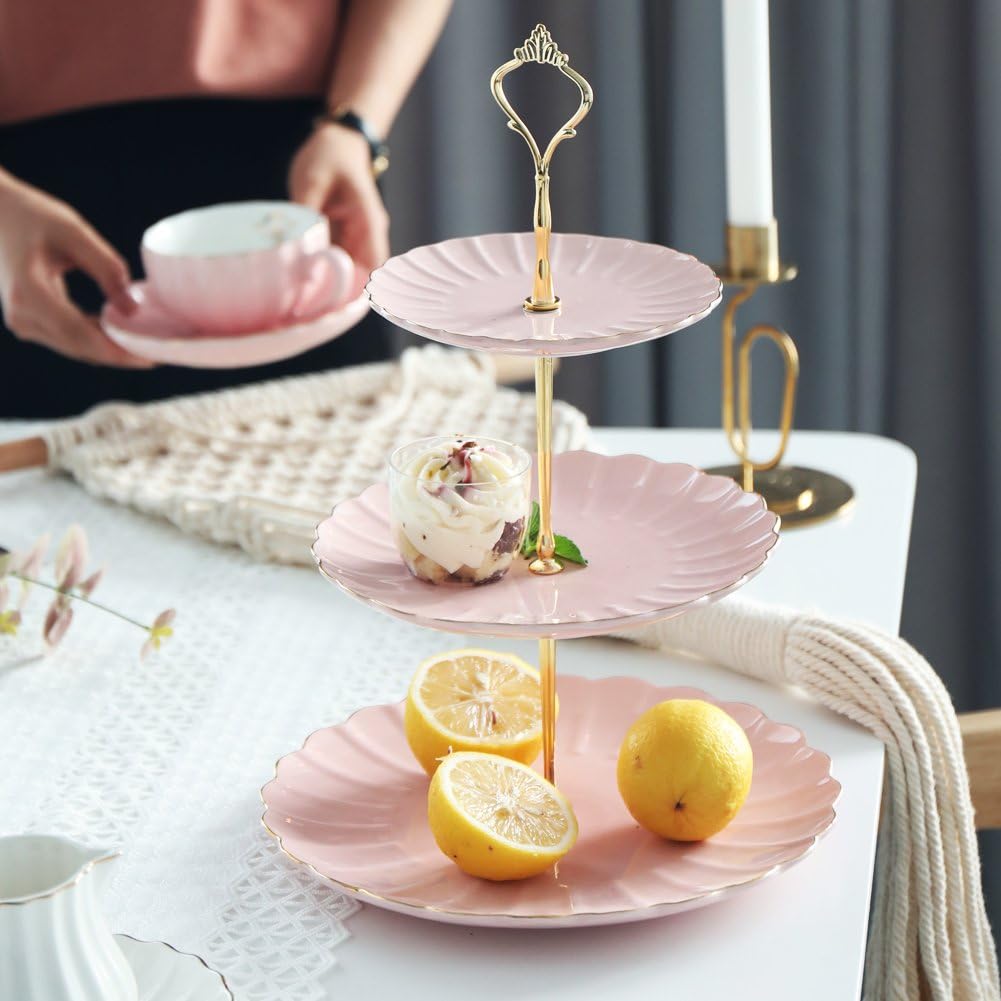 Sweejar 3 Tier Ceramic Cake Stand Wedding, Dessert Cupcake Stand for Tea Party Serving Platter (Pink)