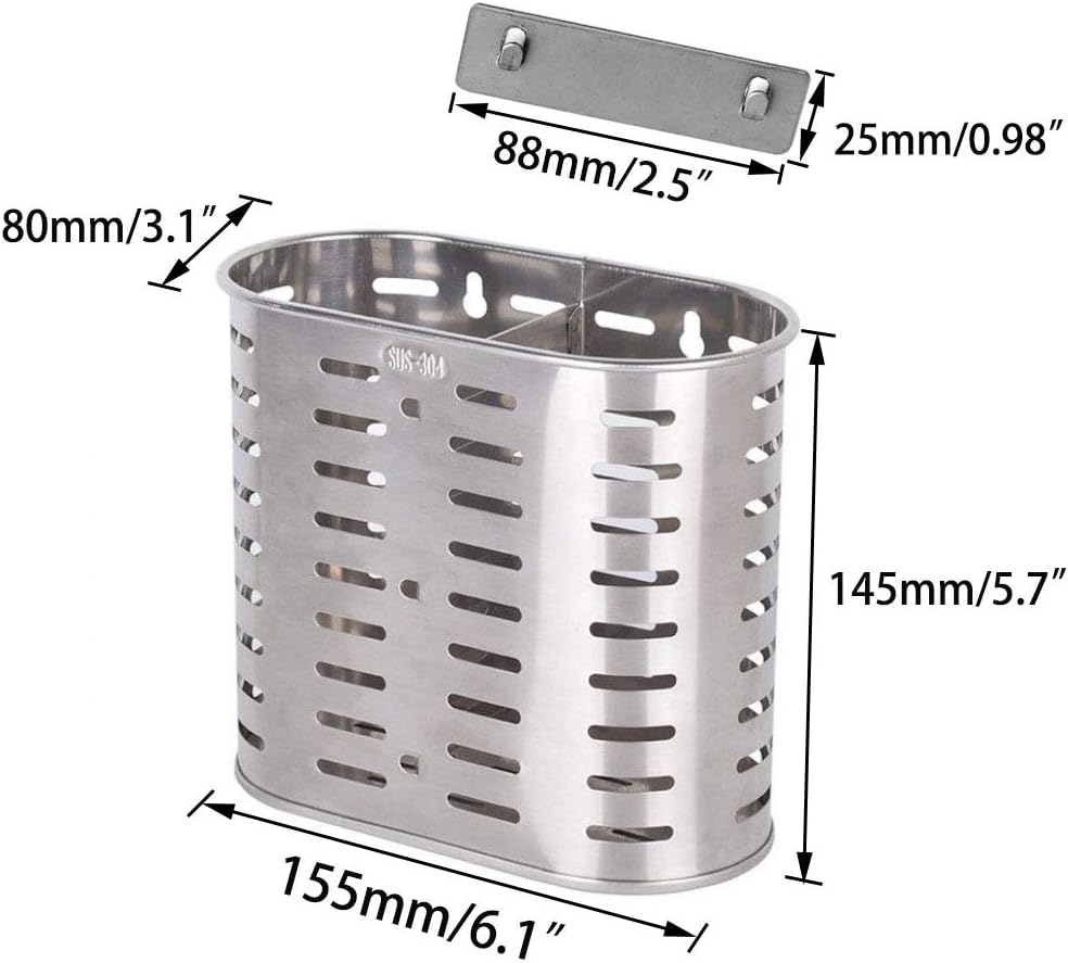 Self Adhesive 2 Compartments Mesh Utensil Drying Rack/Chopsticks/Spoon/Fork/Knife Drainer Basket Flatware Storage Drainer, 304 Stainless Steel