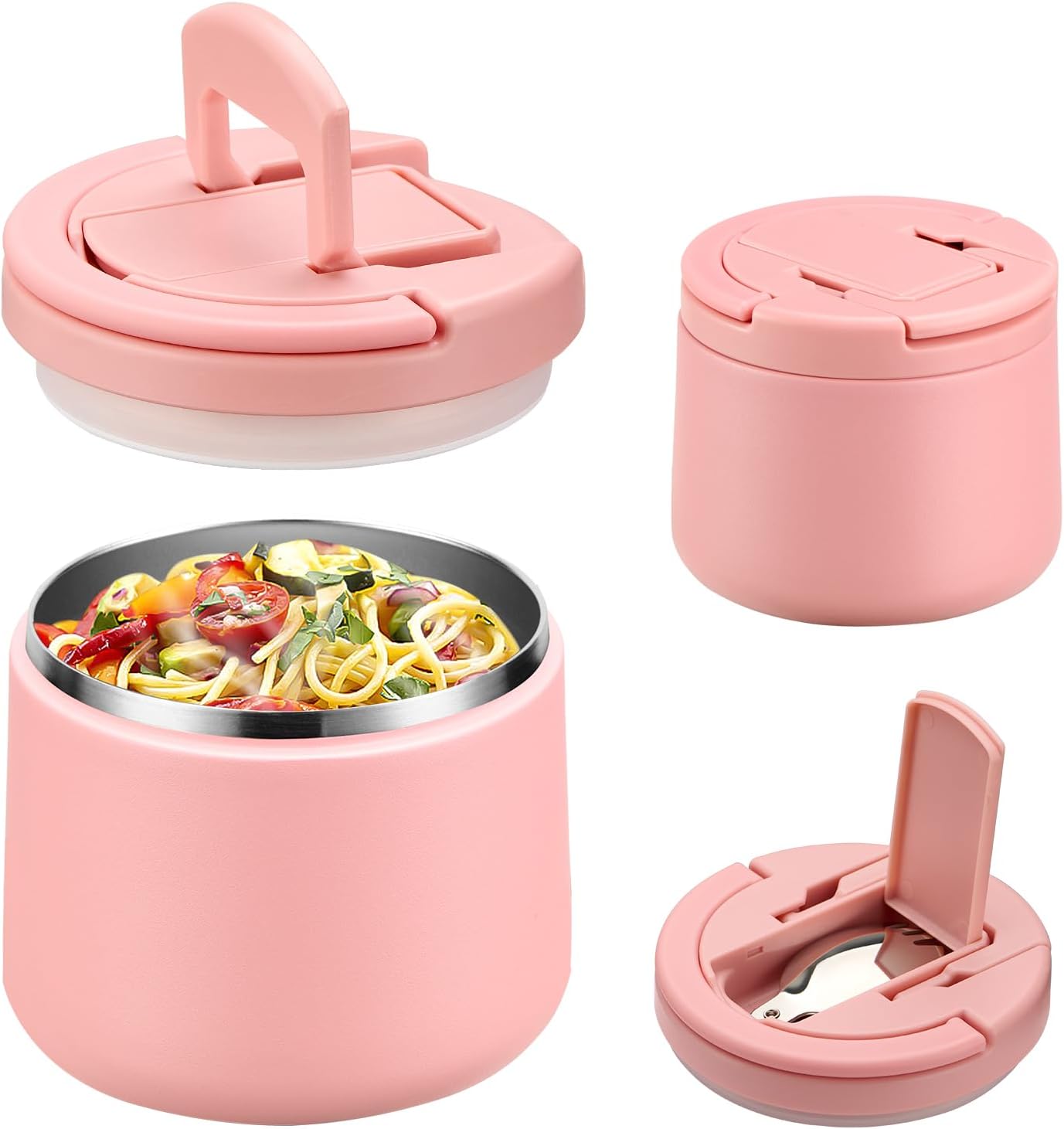 Soup Thermo for Hot Food Kids 14oz Lunch Containers with Buckle Lid Wide Mouth Hot Food Jar Vacuum Insulated Stainless Steel Bento Box Leakproof with Spoon(Pink)
