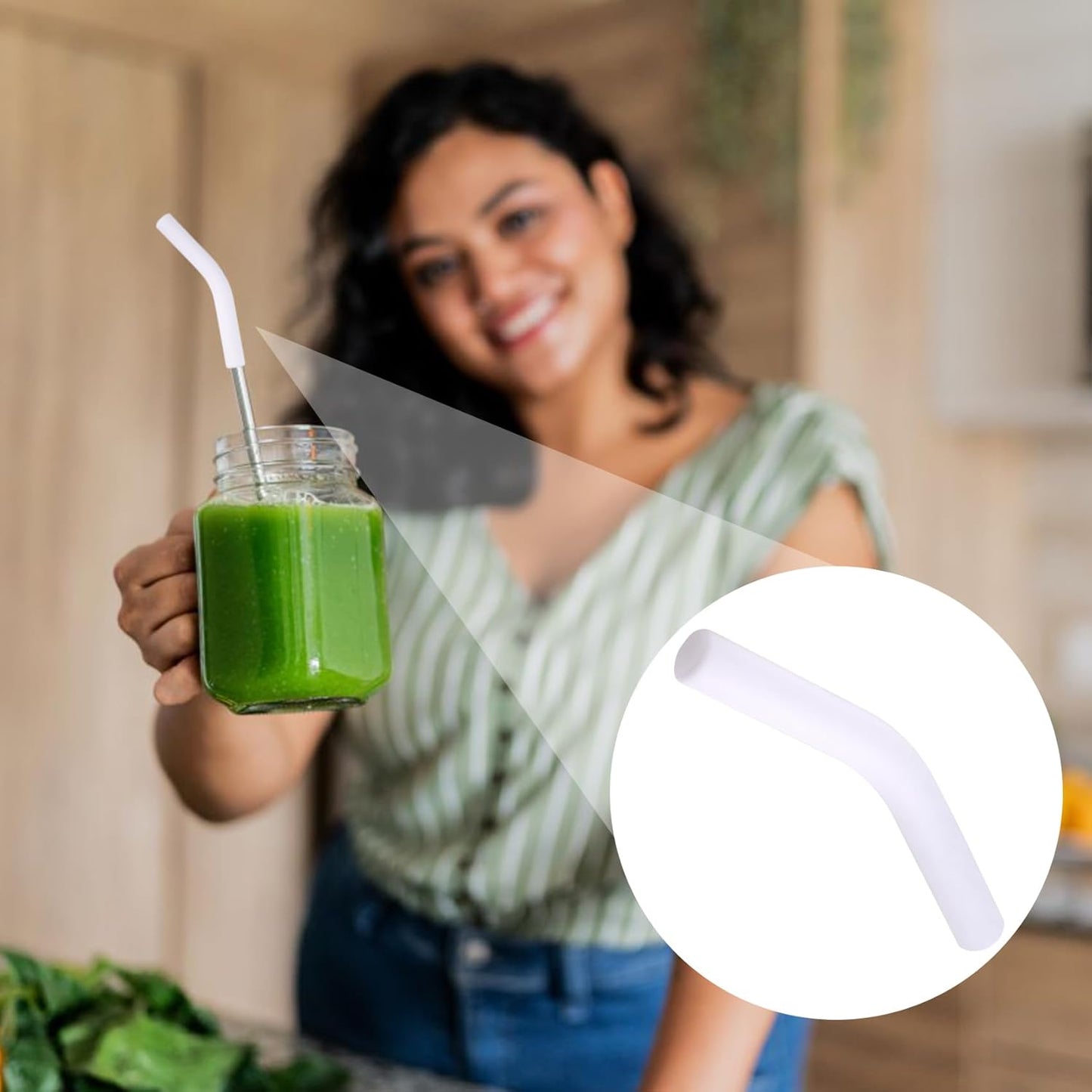 6pcs Food-Grade Silicone Metal Straw Tips, Reusable Flex Elbow Straws Cover Replacement Tips, Soft Straw Toppers Kits for 8 mm Stainless Steel Metal Straws - White