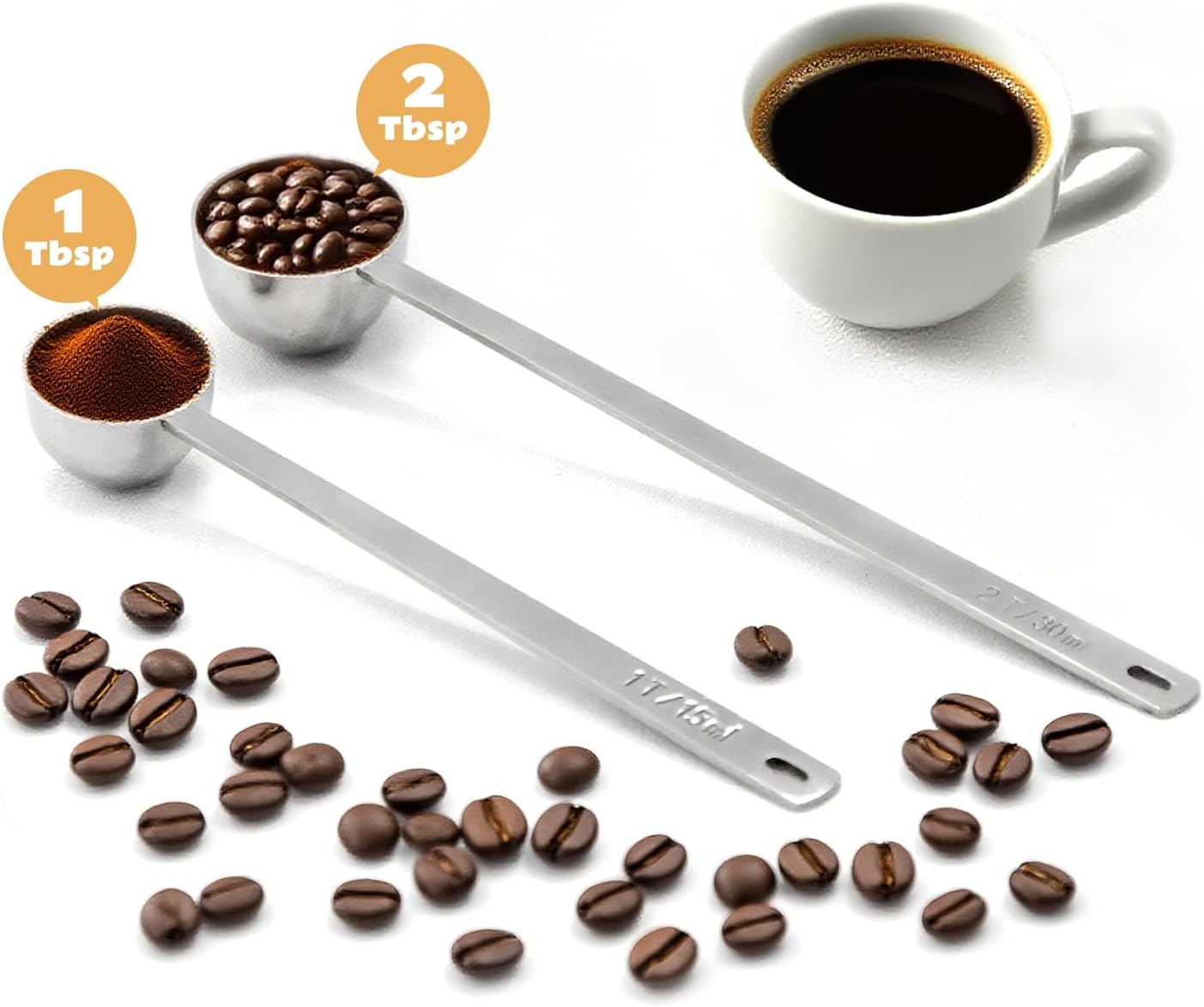 2Pcs Coffee Scoop Spoon - 1 Tbsp (15ml) & 2 Tbsp (30ml) Measuring Tablespoon - Stainless Steel Coffee Measuring Spoon - Long Handle Measuring Spoons for Ground Coffee, Loose Tea and Powder