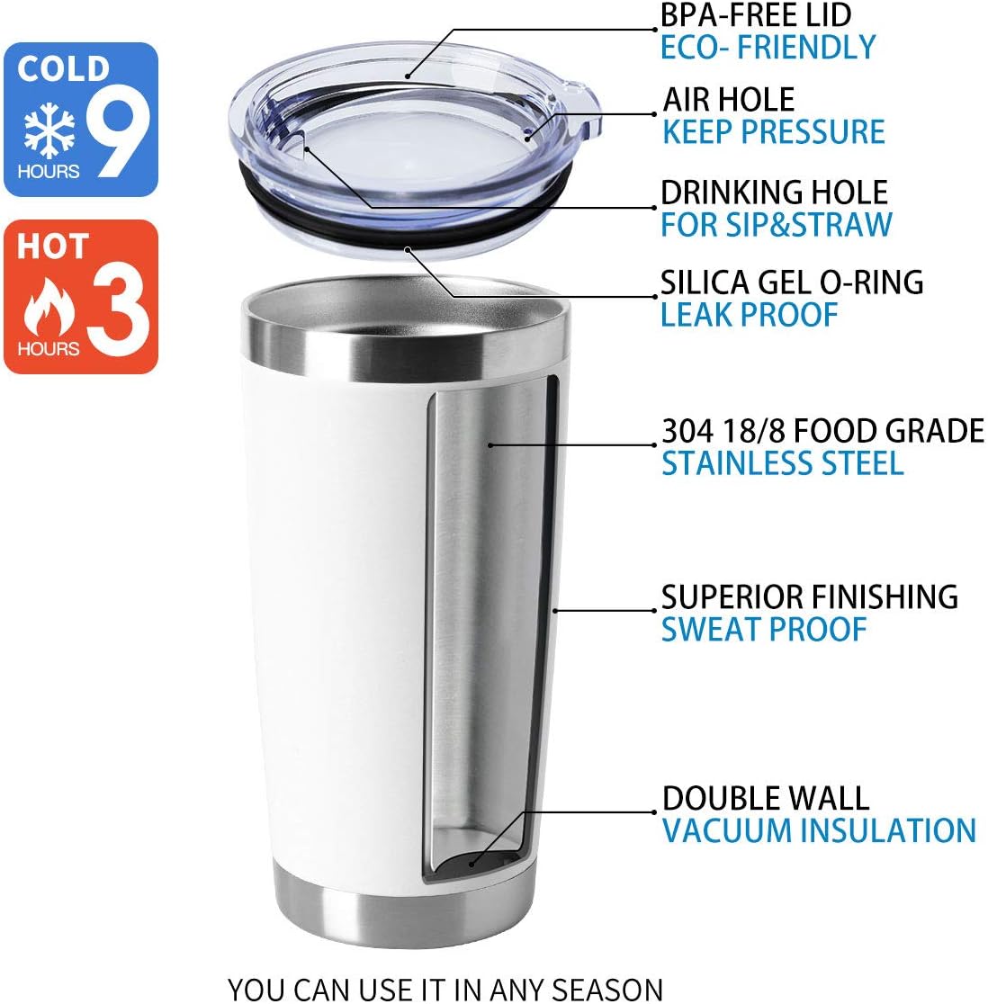 HASLE OUTFITTERS 20oz Stainless Steel Tumblers Bulk, Insulated Travel Cup with Lid, Double Wall Vacuum Coffee Mug for Cold & Hot Drinks 4 Pack, White
