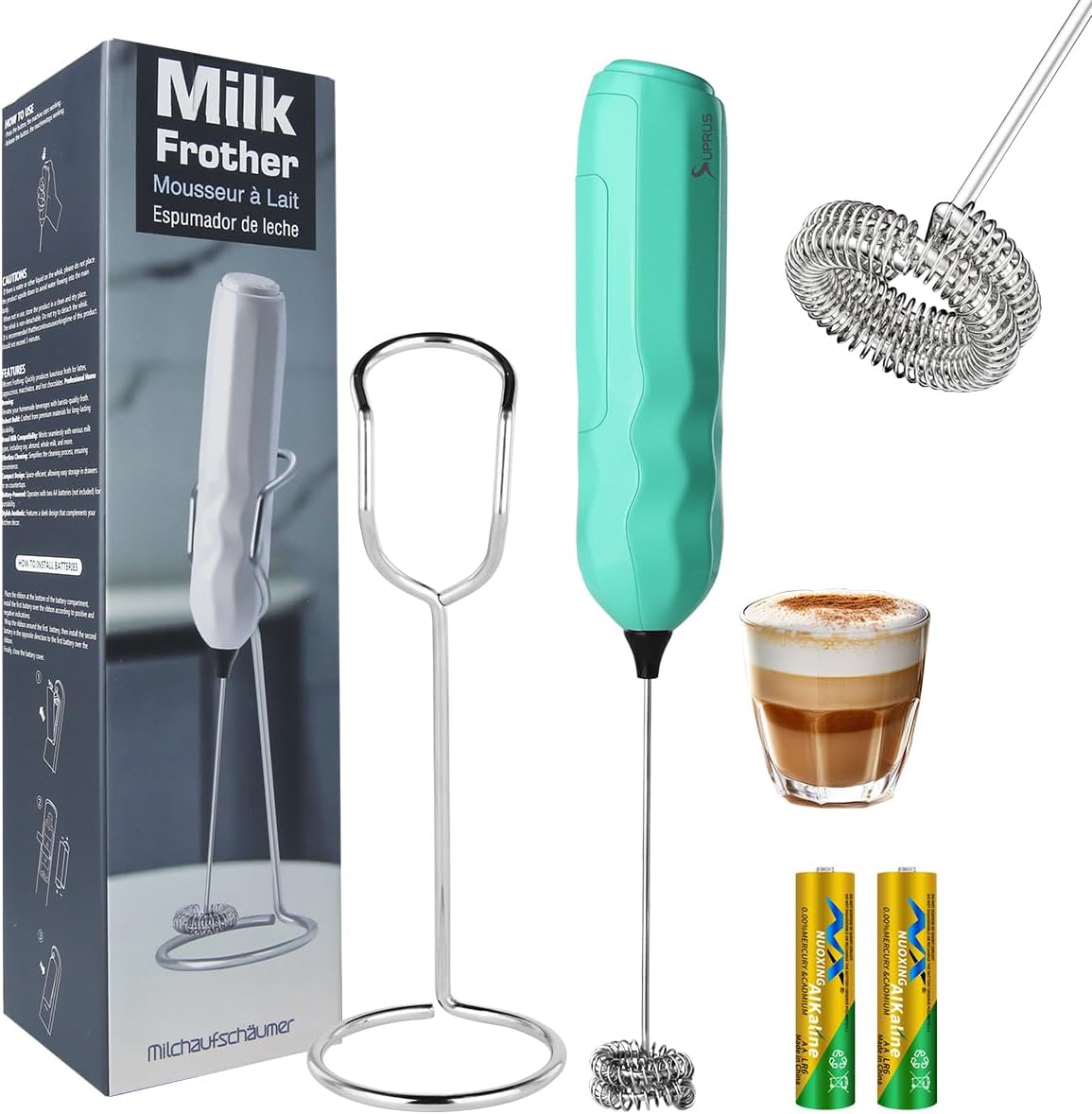 SUPRUS Ultra Fast Handheld Milk Frother Double Whisk with Stand 2 Batteries Stainless Steel for Lattes Cappuccino Matcha Hot Chocolate Coffee Bar Accessories Kitchen Gadgets Gift