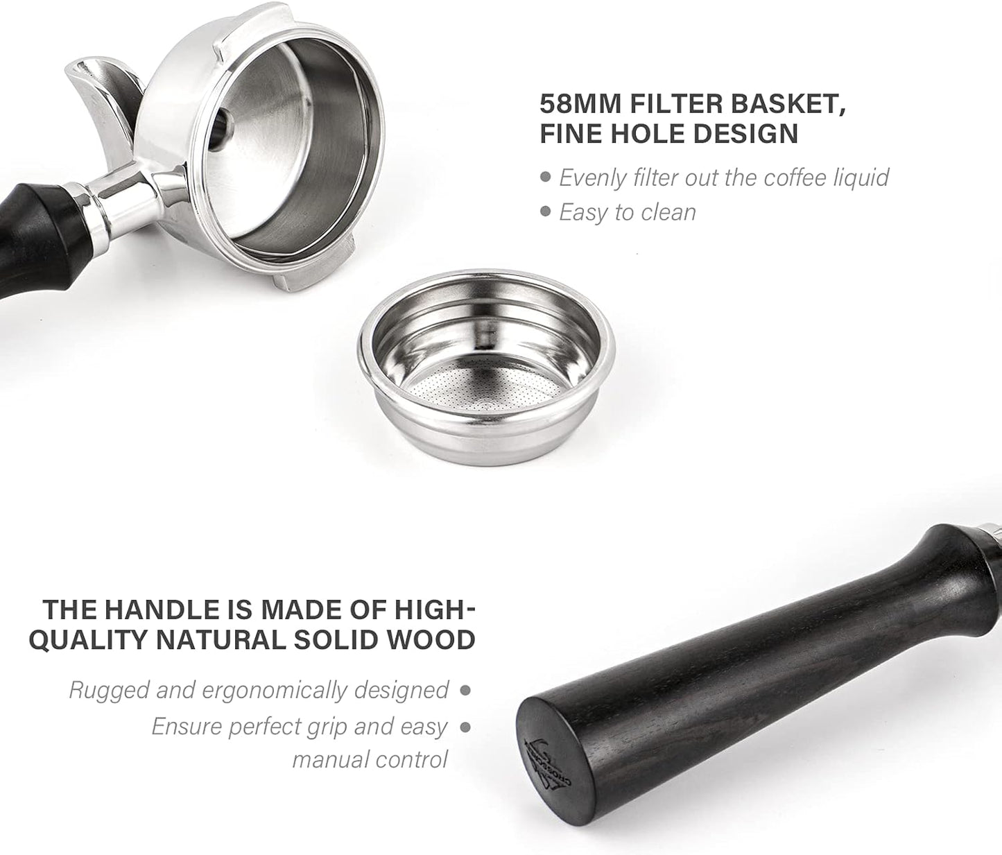 58mm Espresso Double Spouts Portafilter with 2 Ear | Fits E61 | Flair/Rocket/Sanremo/Expobar etc. | Stainless Steel Basket and Solid Wood Handle | Espresso Accessories