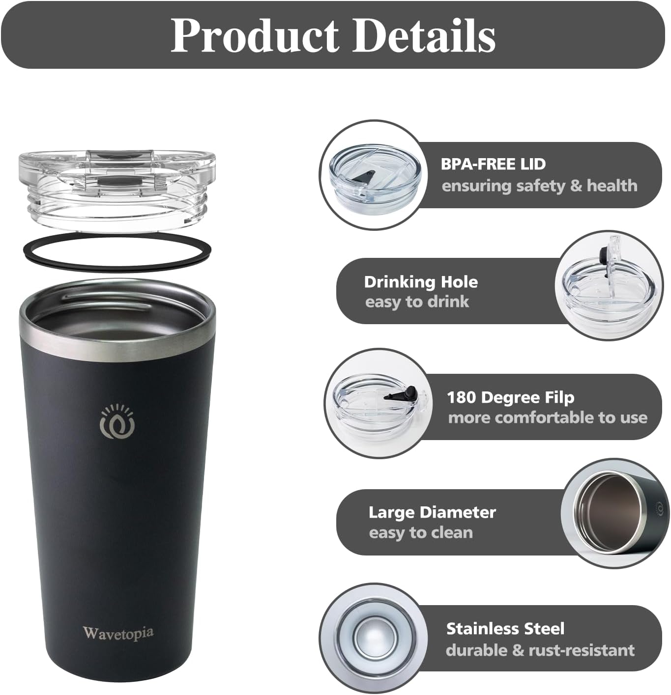 Insulated Coffee Mug with Lid, Reusable Stainless Steel Travel Coffee Cup, 16 Oz Double Wall Vacuum Spill Proof Tumbler Cups for Men and Women Hot & Cold Drinks（White）