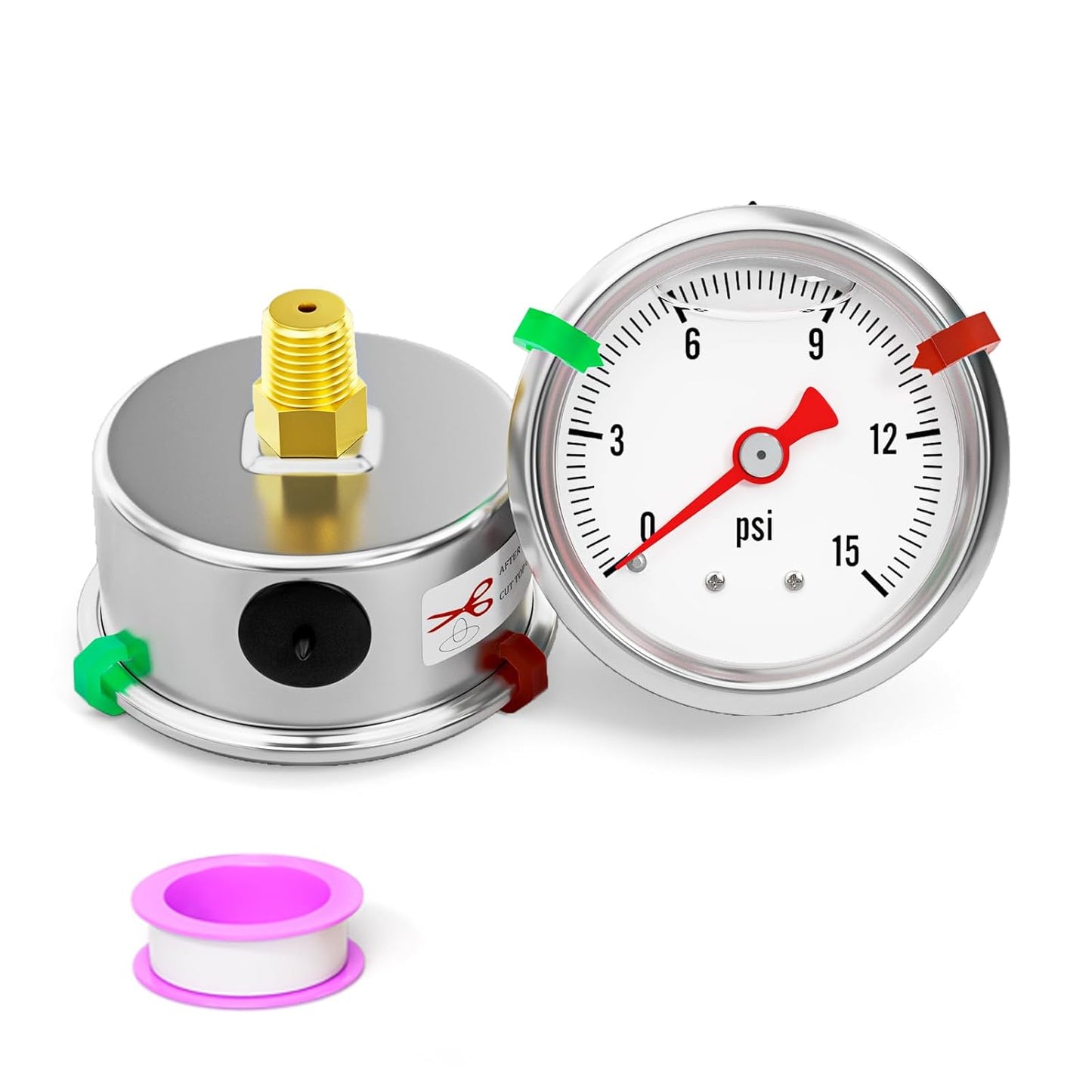 0-15psi Stainless Steel Glycerin Liquid Filled Pressure Gauge 1/8" NPT 1.5" Face Dial, Center Back Mount, for Water, Oil and Air Pressure Testing (with Range Mark Pointer)