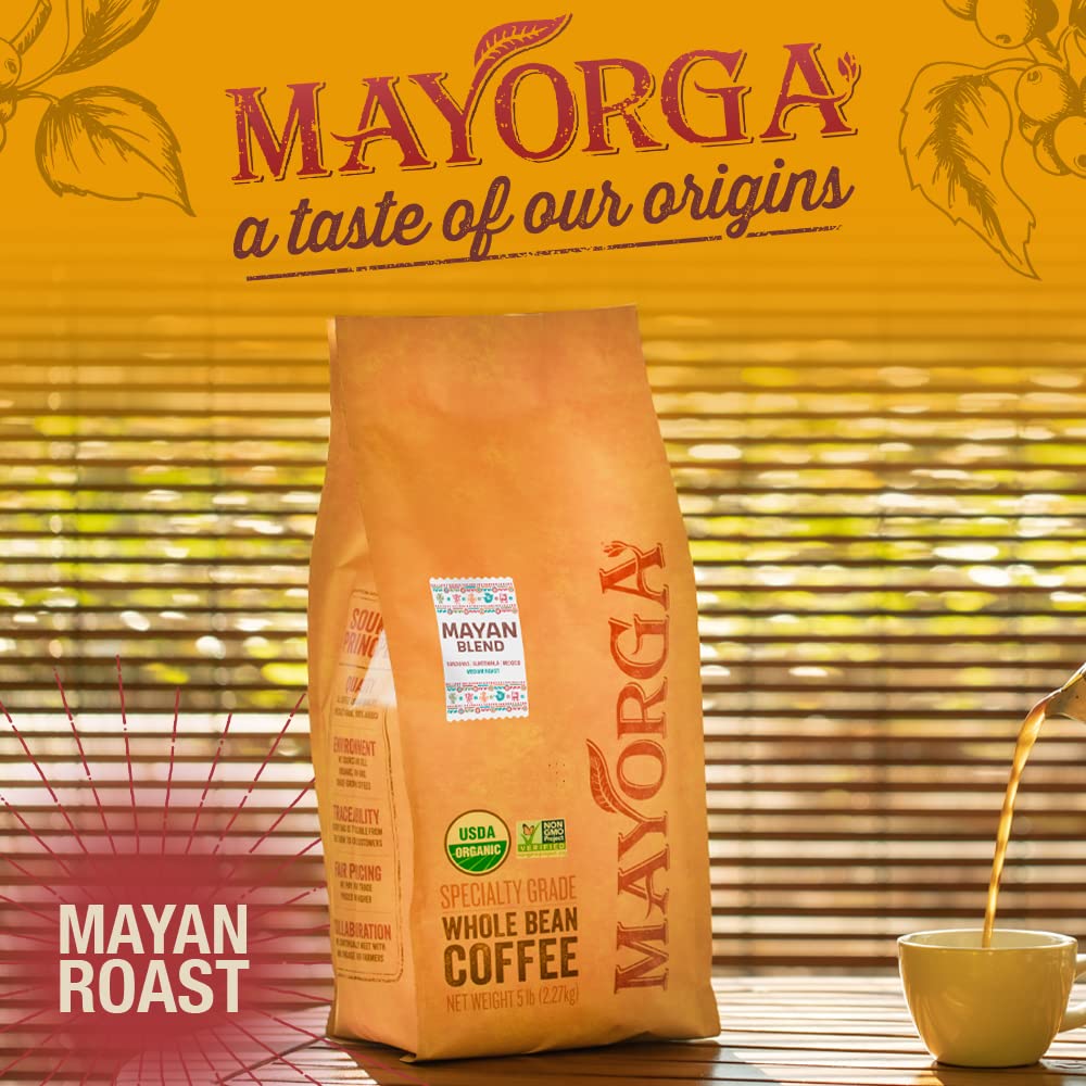 Mayorga Organic Coffee 5lb Mayan Blend - Medium Roast Whole Bean Coffee Specialty Grade, 100% Arabica, Slow Roasted, Chocolate and Floral Flavor with Low Acidity - USDA Organic, Non-GMO, Kosher