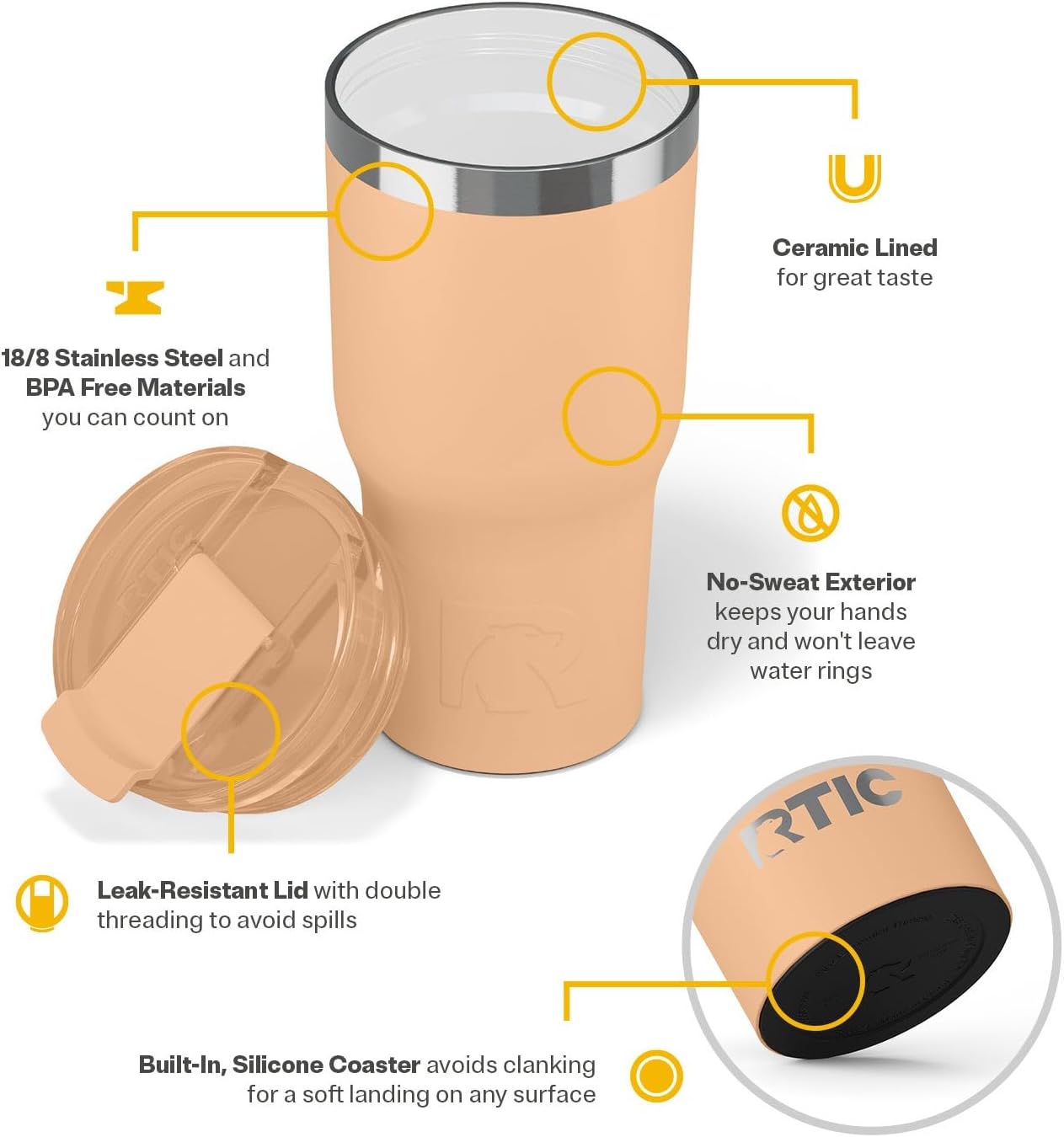 RTIC 20oz Essential Tumbler with Lid, Insulated, Stainless Steel, Metal, Double Wall Vacuum-Insulation, Ceramic Lined, Travel Cup for Iced Coffee, Tea, Hot and Cold Drink, Peach Tea