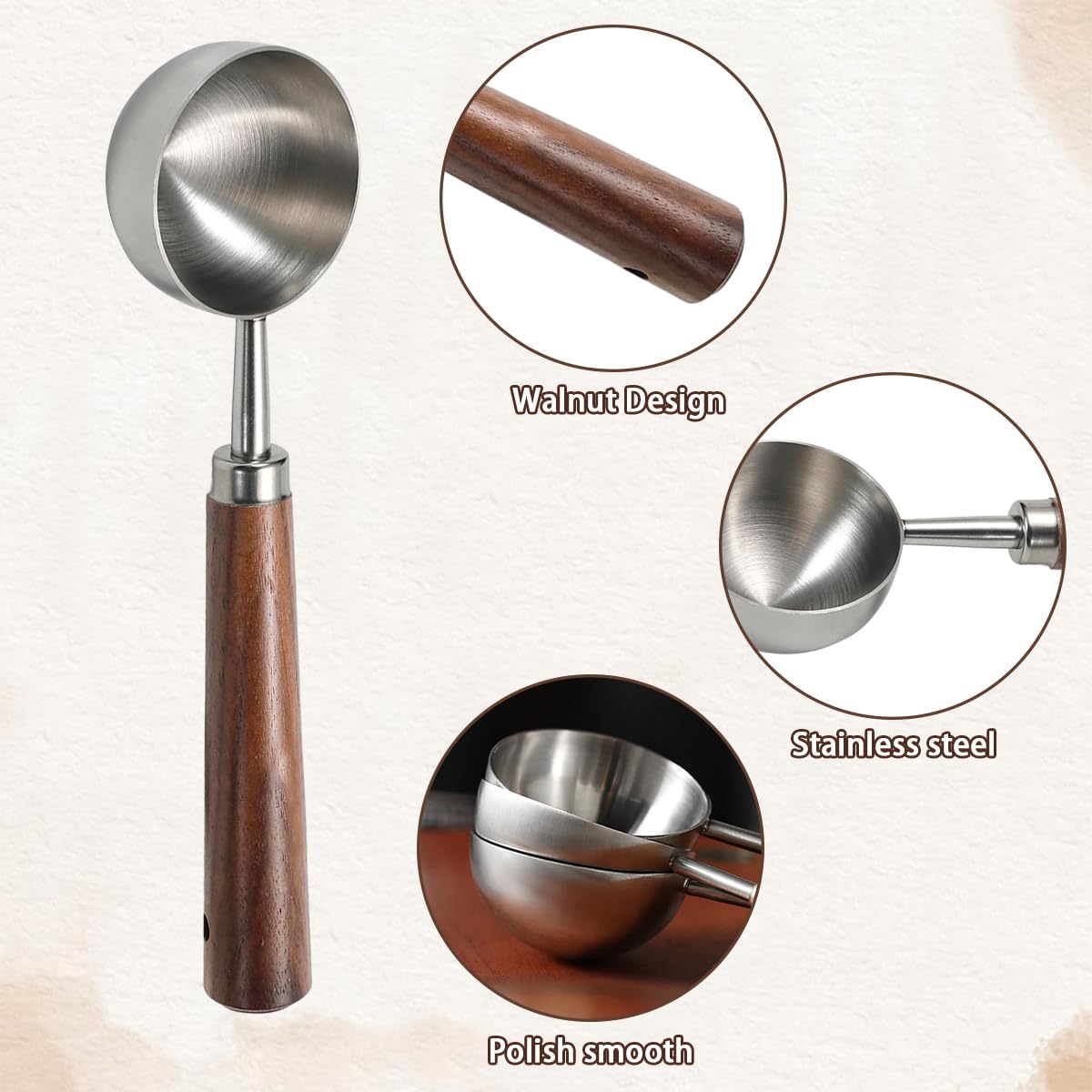 2 PCS Coffee Scoop Vintage Coffee Measuring Spoon Stainless Steel Coffee Spoon With Nature Walnut wood Handle Long Wooden Handle Coffee Scoop Kitchen Utensil Loose Tea Spoon Perfect for Coffee Tea