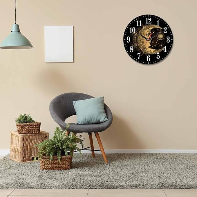 Mxocom Crescent Moon Wall Clock Boho Chic Golden Sun Ethnic Retro Night Black - Image 6