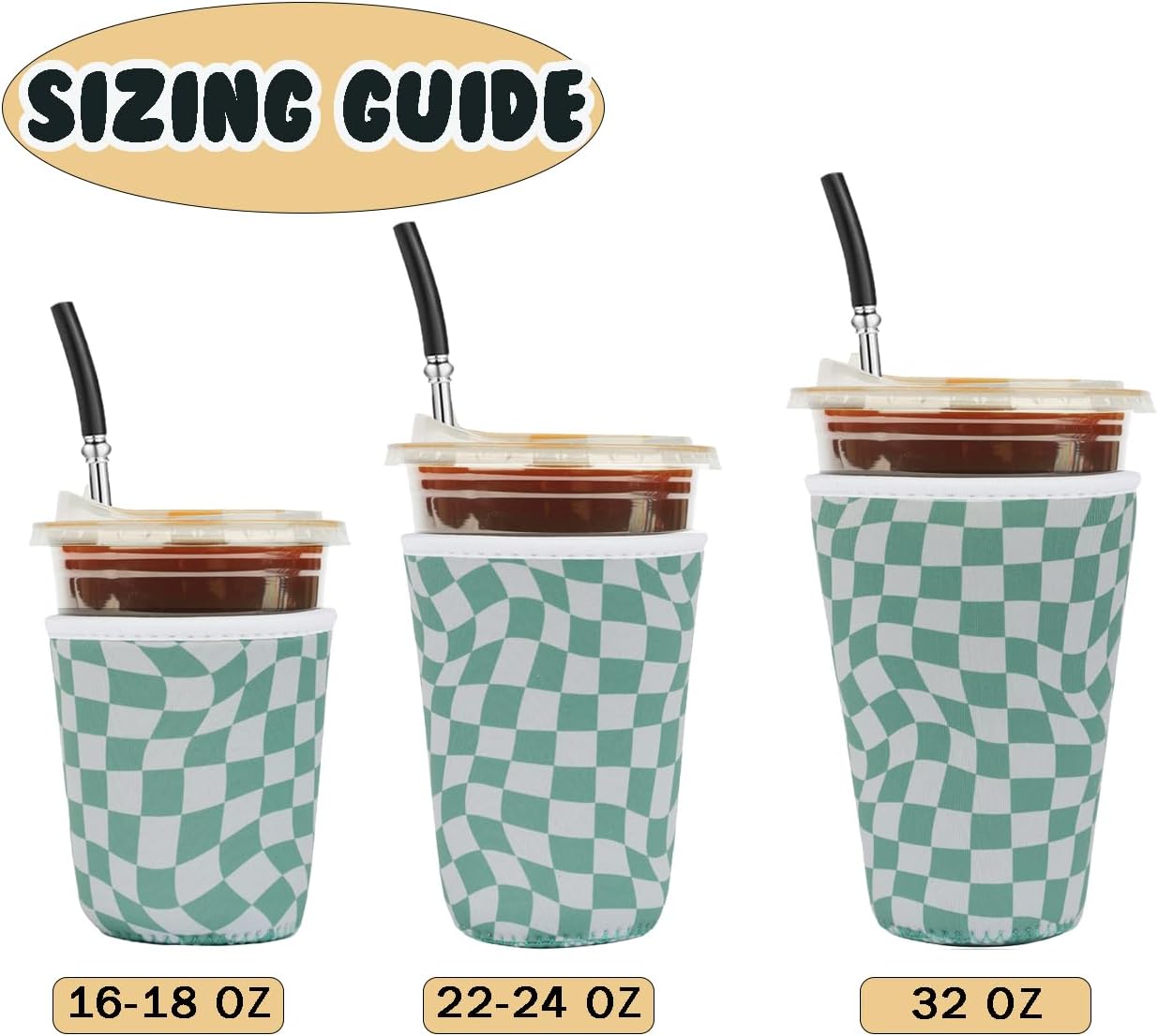 Reusable Insulated Neoprene Iced Coffee Cup Sleeve, Durable Drink Sleeve for Cold Beverages, Beverage Holder for Iced Coffee, Wavy Grid