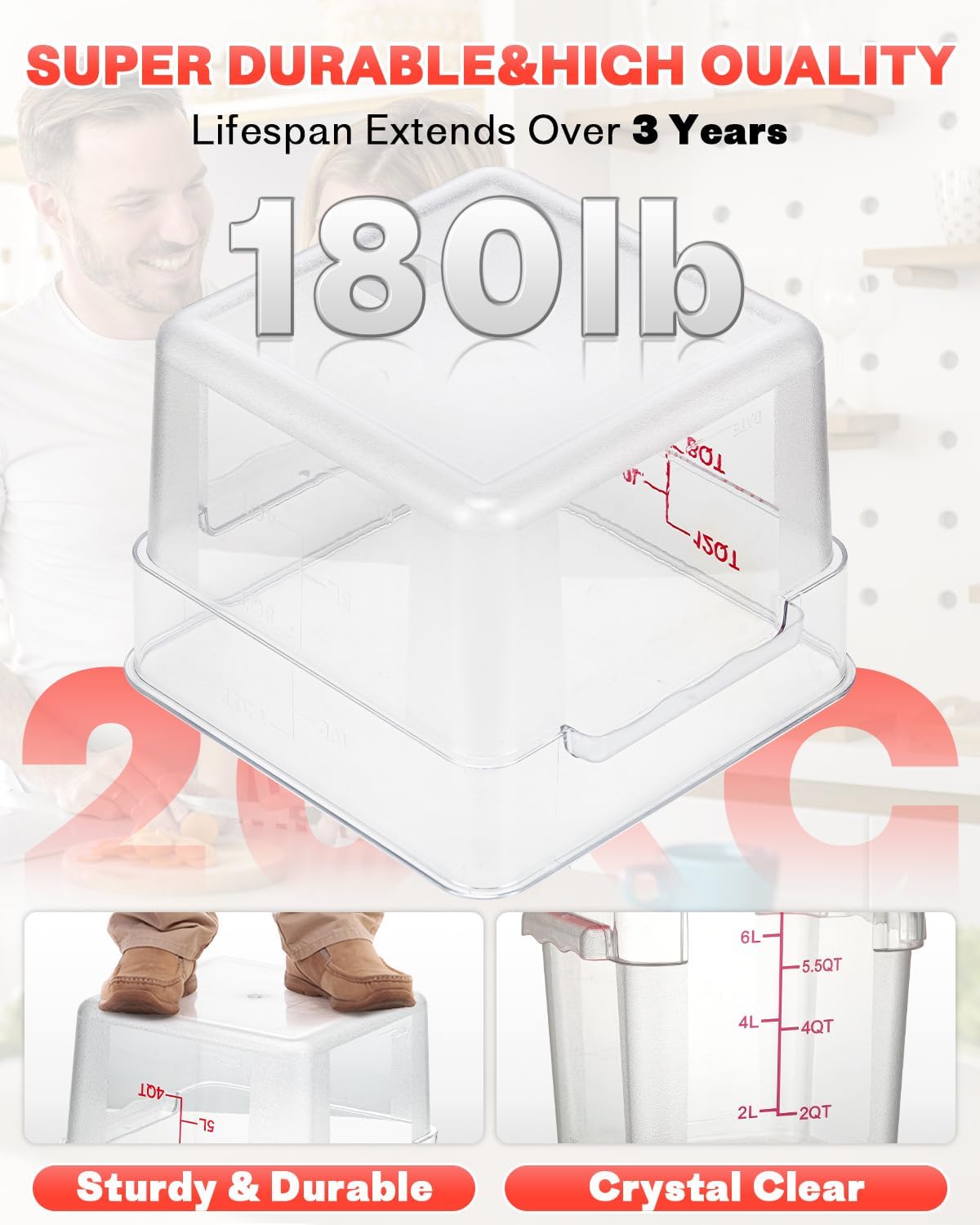 4QT NSF Food Storage Containers with Lids: 4 PCS [Total Food Grade][Hot&Cold Resistant] Commercial Clear Food Storage Containers for Restaurant Kitchen Proof Dough, Measuring Spoons Included(Red)