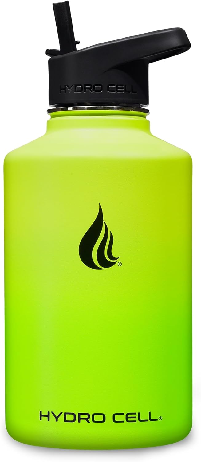 HYDRO CELL Stainless Steel Insulated Water Bottle with Straw - For Cold & Hot Drinks - Metal Vacuum Flask with Screw Cap and Modern Leakproof Sport Thermos for Adults (Neon 64oz)