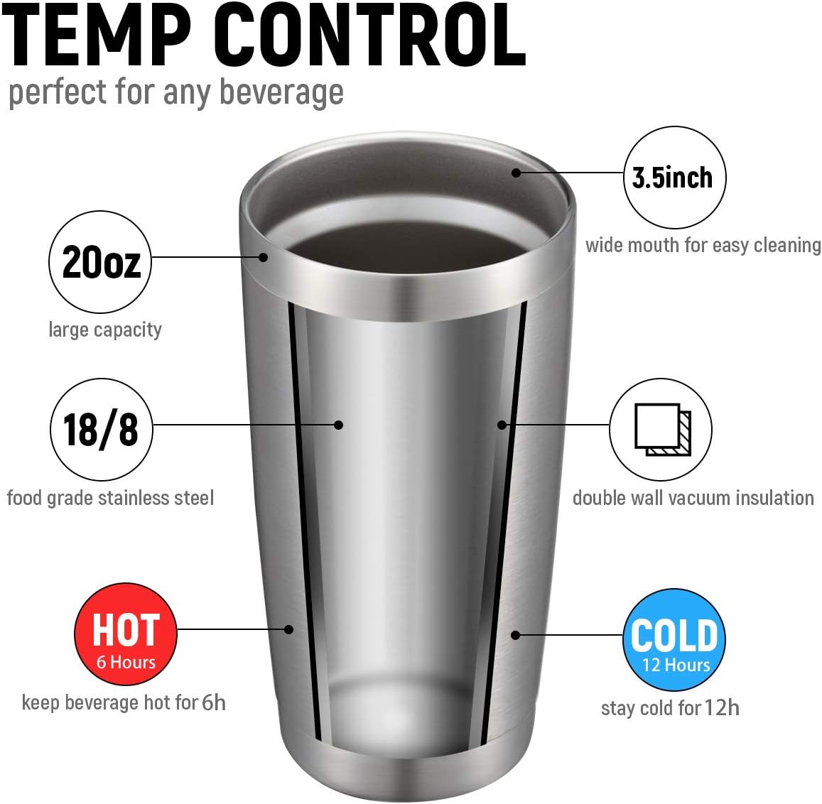 COMOOO 20oz Stainless Steel Tumbler Bulk Double Wall Vacuum Coffee Cup Insulated Travel Mug with Lid and Straw Durable Powder Coated Insulated Coffee Cup for Cold & Hot Drinks (silver, 6 pack