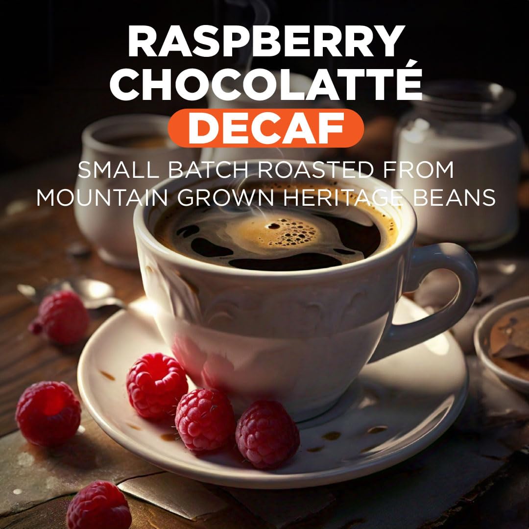 Maud's Decaf Raspberry Chocolate Flavored Coffee Pods, 18 ct, Decaffeinated Medium Roast Flavored Coffee in Recyclable Single Serve Pods – 100% Arabica Beans, Compatible with Keurig K Cups Maker