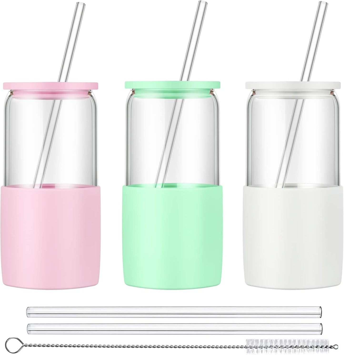 Sunseeke Glass Tumbler with Straw and Lid, 16oz Ice Coffee Cup, Silicone Sleeve Cleaning Brushes, Drinking Glasses for Water, Iced Coffee, Smoothie - BPA Free -3 Pack